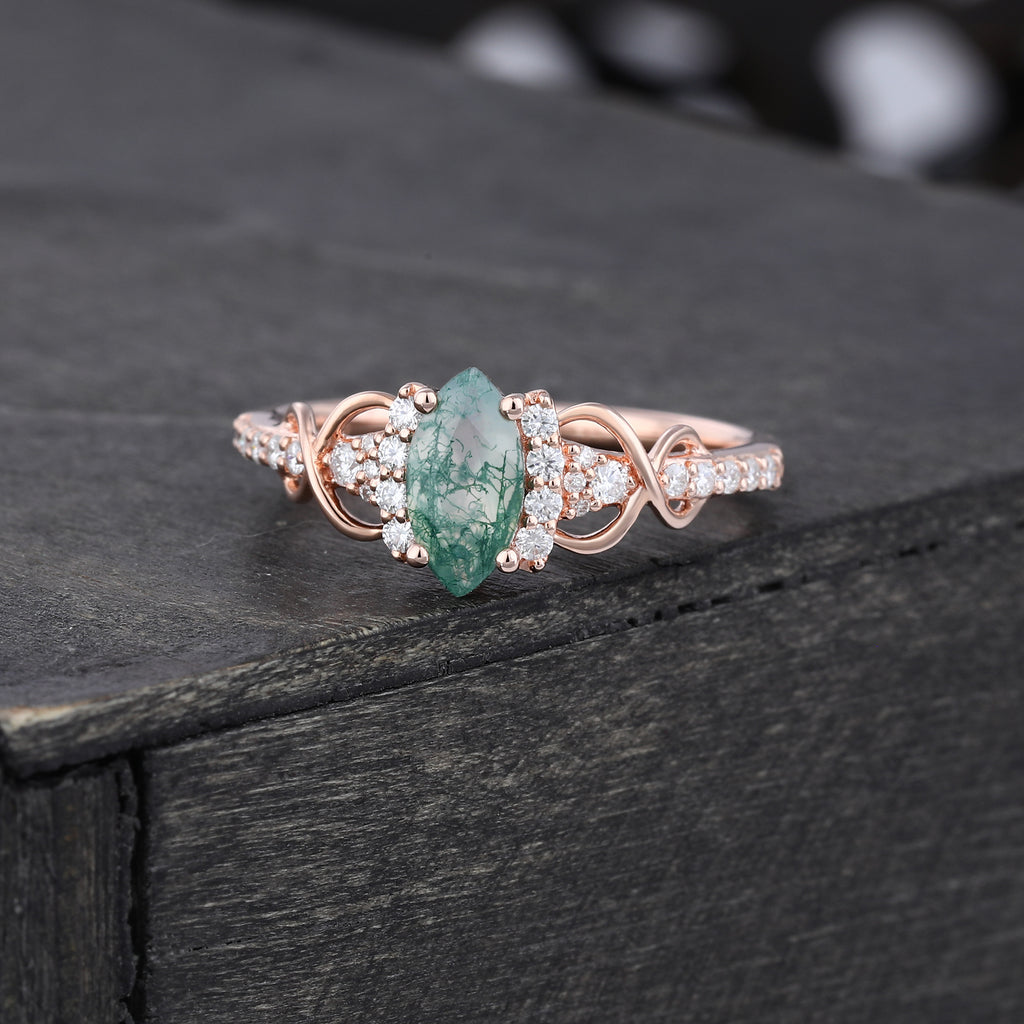 Marquise Cut Moss Agate Infinity Pavé Engagement Ring
