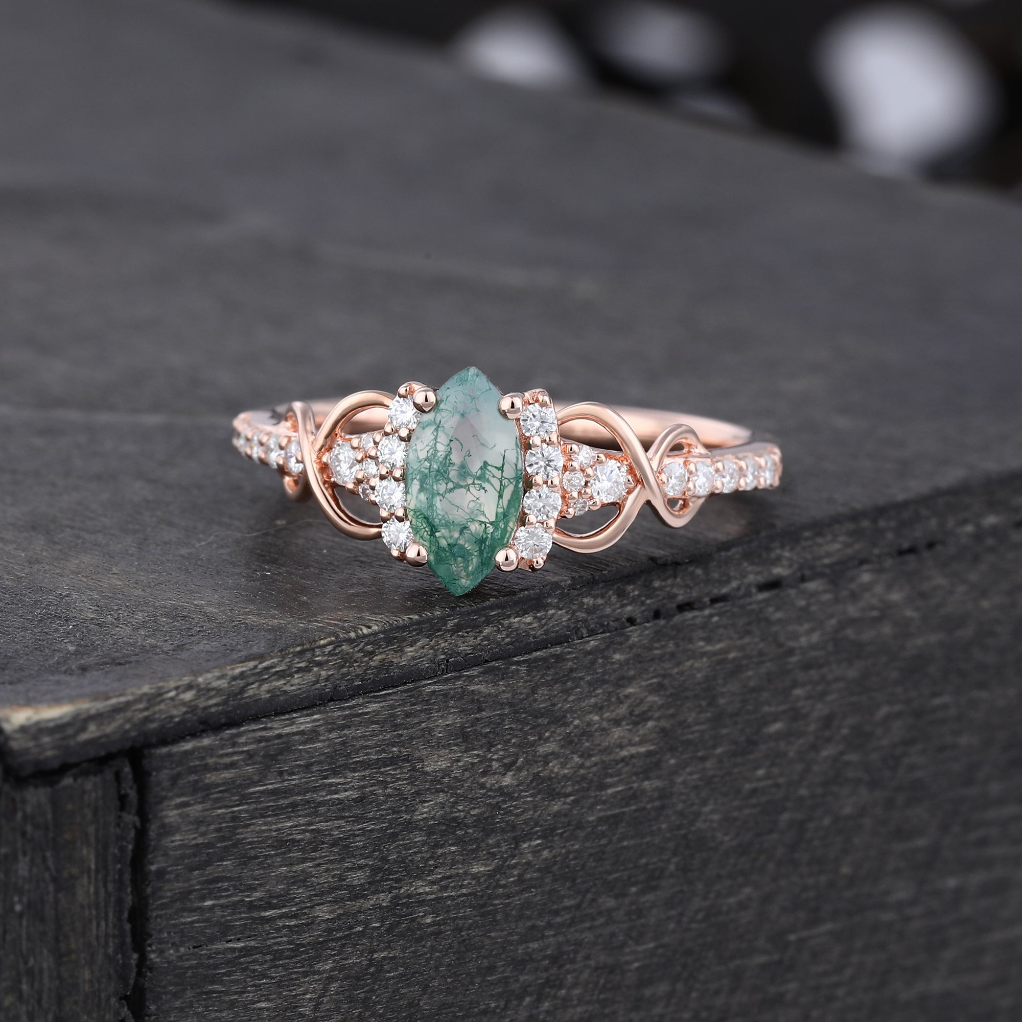 Marquise Cut Moss Agate Infinity Pavé Engagement Ring