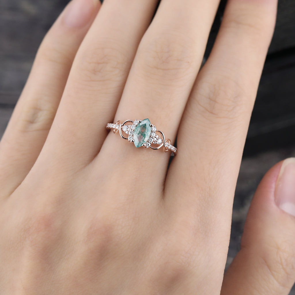 Marquise Cut Moss Agate Infinity Pavé Engagement Ring