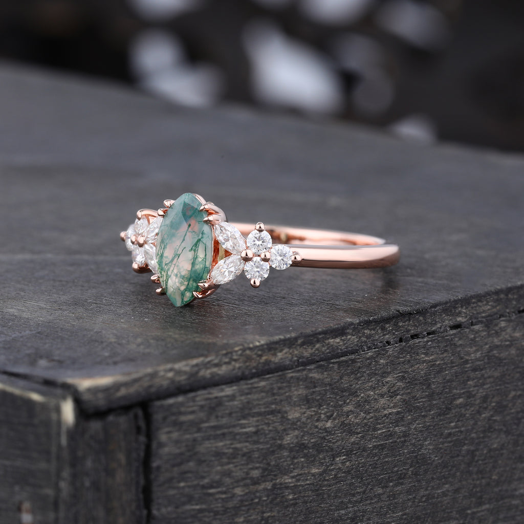 Marquise Cut Moss Agate Promise Ring With Blossom Moissanite Accents