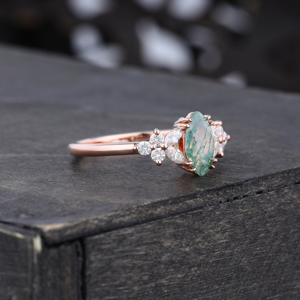 Marquise Cut Moss Agate Promise Ring With Blossom Moissanite Accents