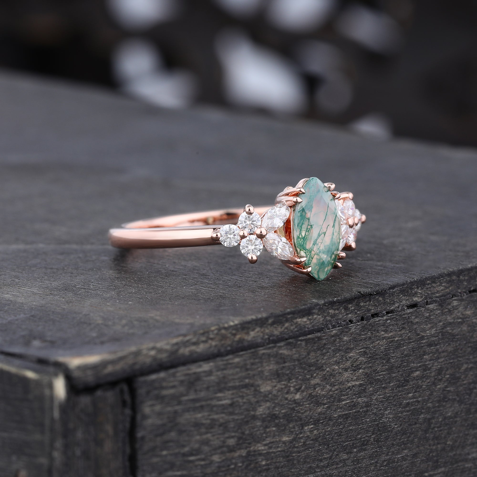 Marquise Cut Moss Agate Promise Ring With Blossom Moissanite Accents