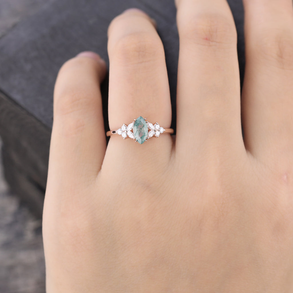 Marquise Cut Moss Agate Promise Ring With Blossom Moissanite Accents