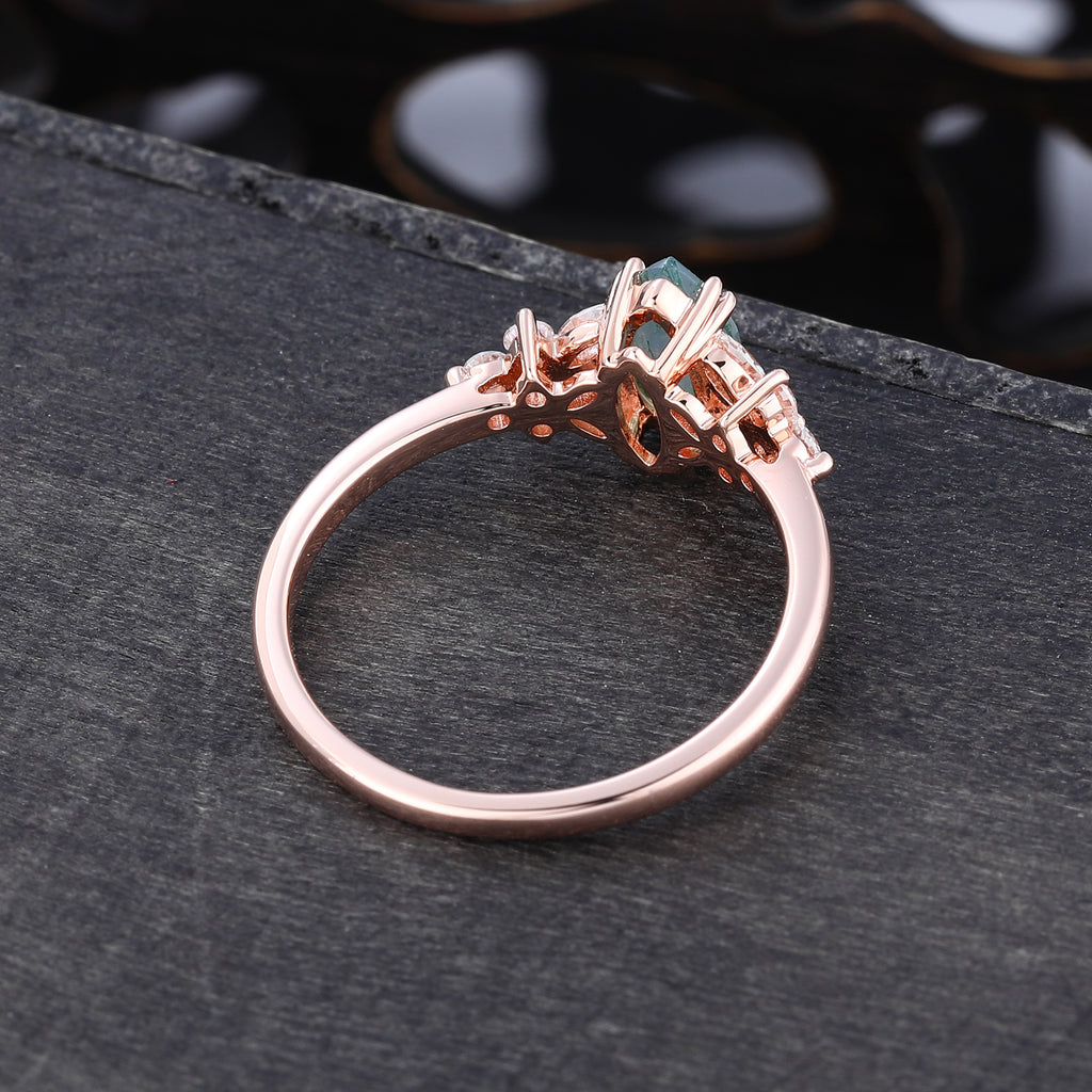 Marquise Cut Moss Agate Promise Ring With Blossom Moissanite Accents