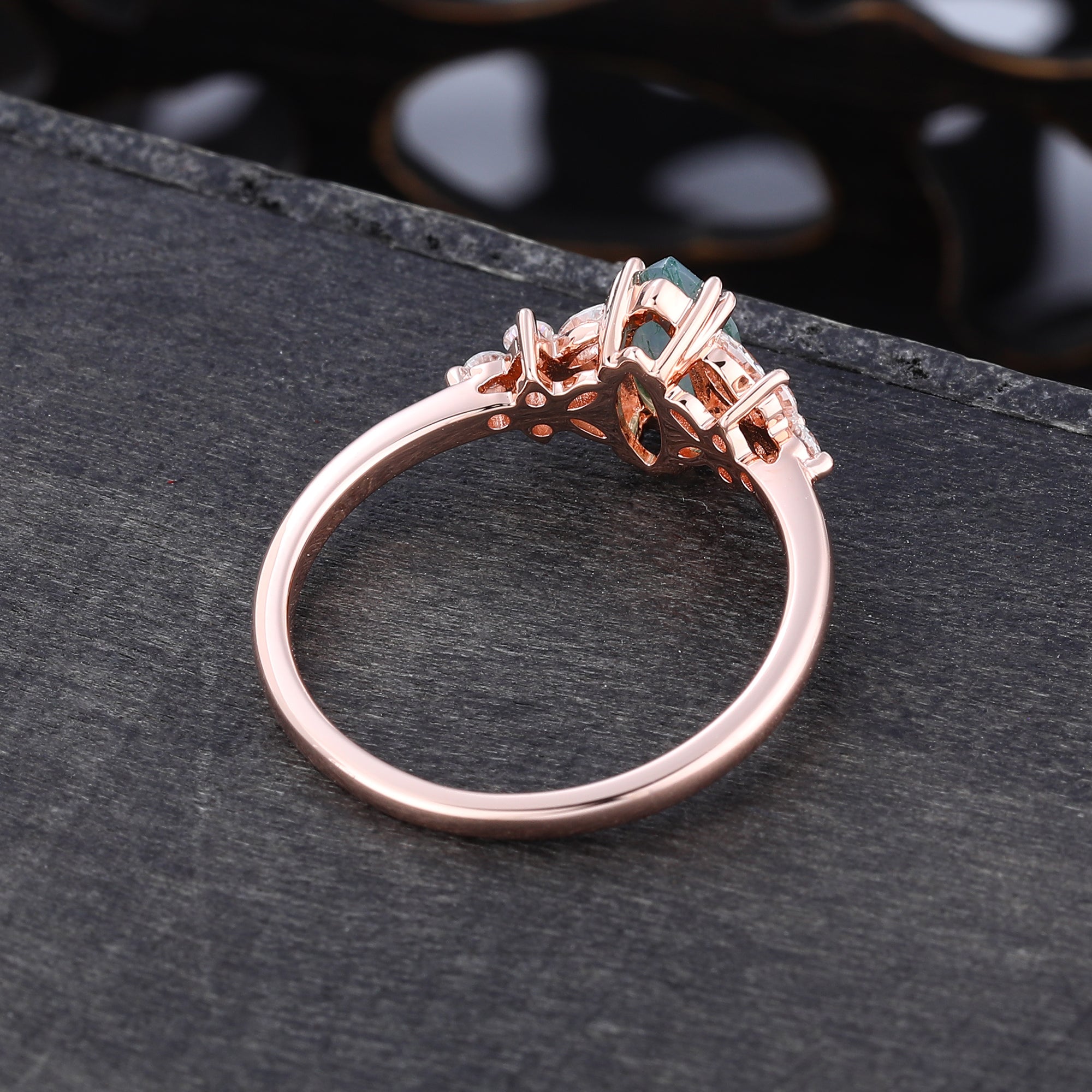 Marquise Cut Moss Agate Promise Ring With Blossom Moissanite Accents