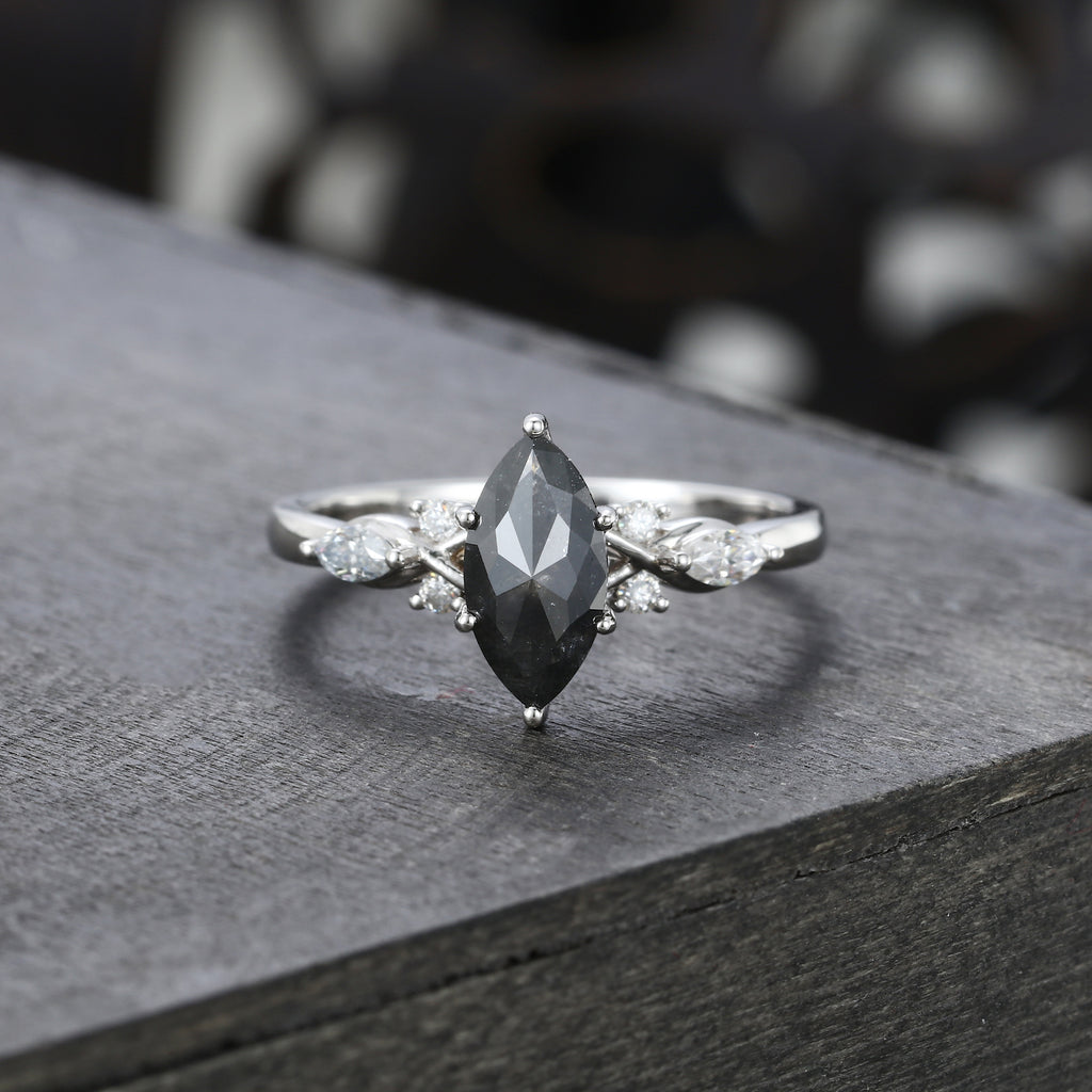 Marquise Cut Salt & Pepper Diamond Art Deco Engagement Ring
