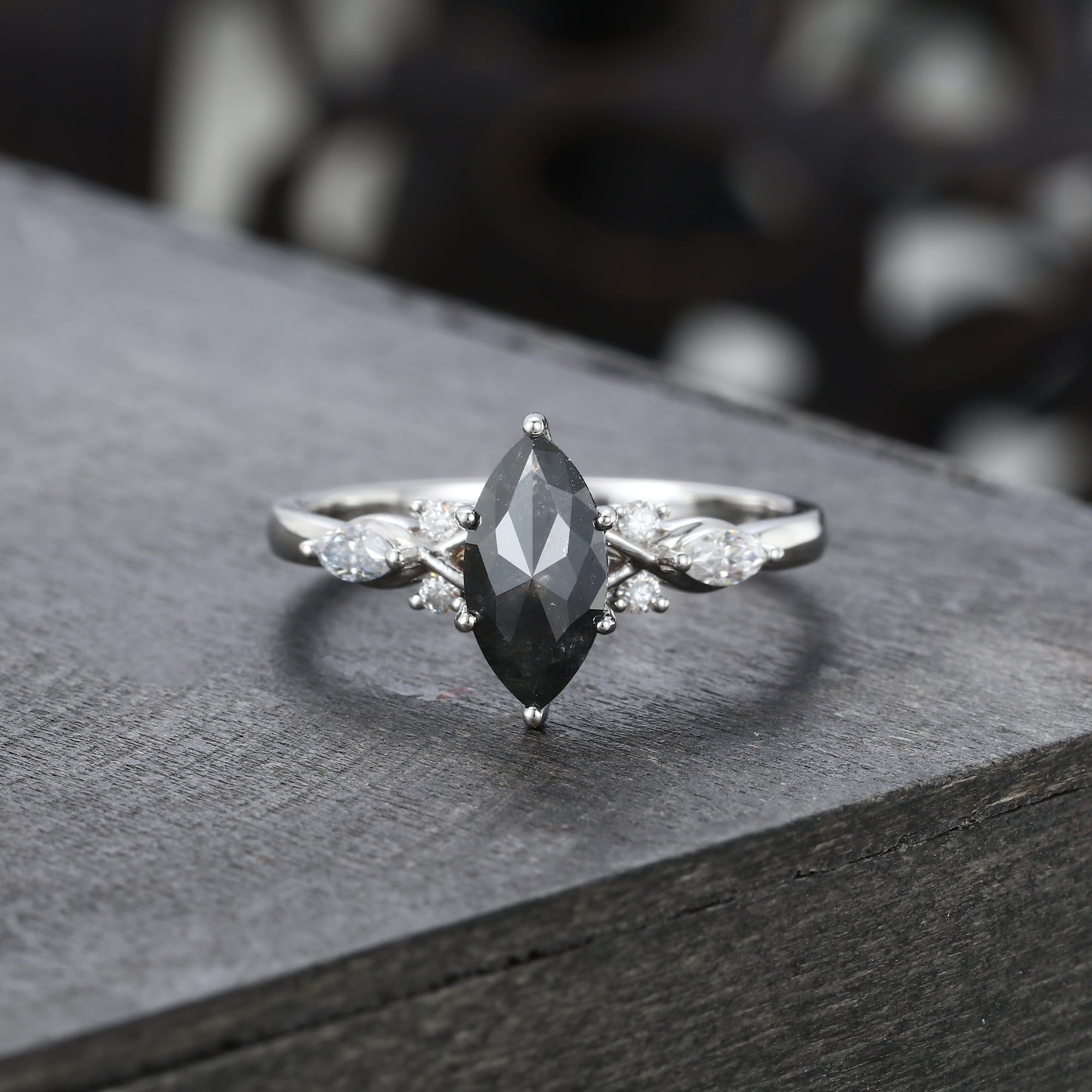Marquise Cut Salt & Pepper Diamond Art Deco Engagement Ring
