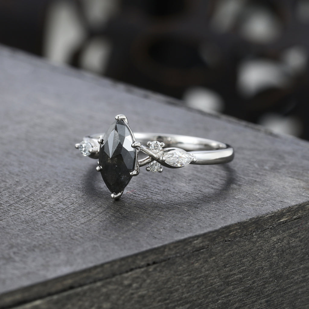 Marquise Cut Salt & Pepper Diamond Art Deco Engagement Ring
