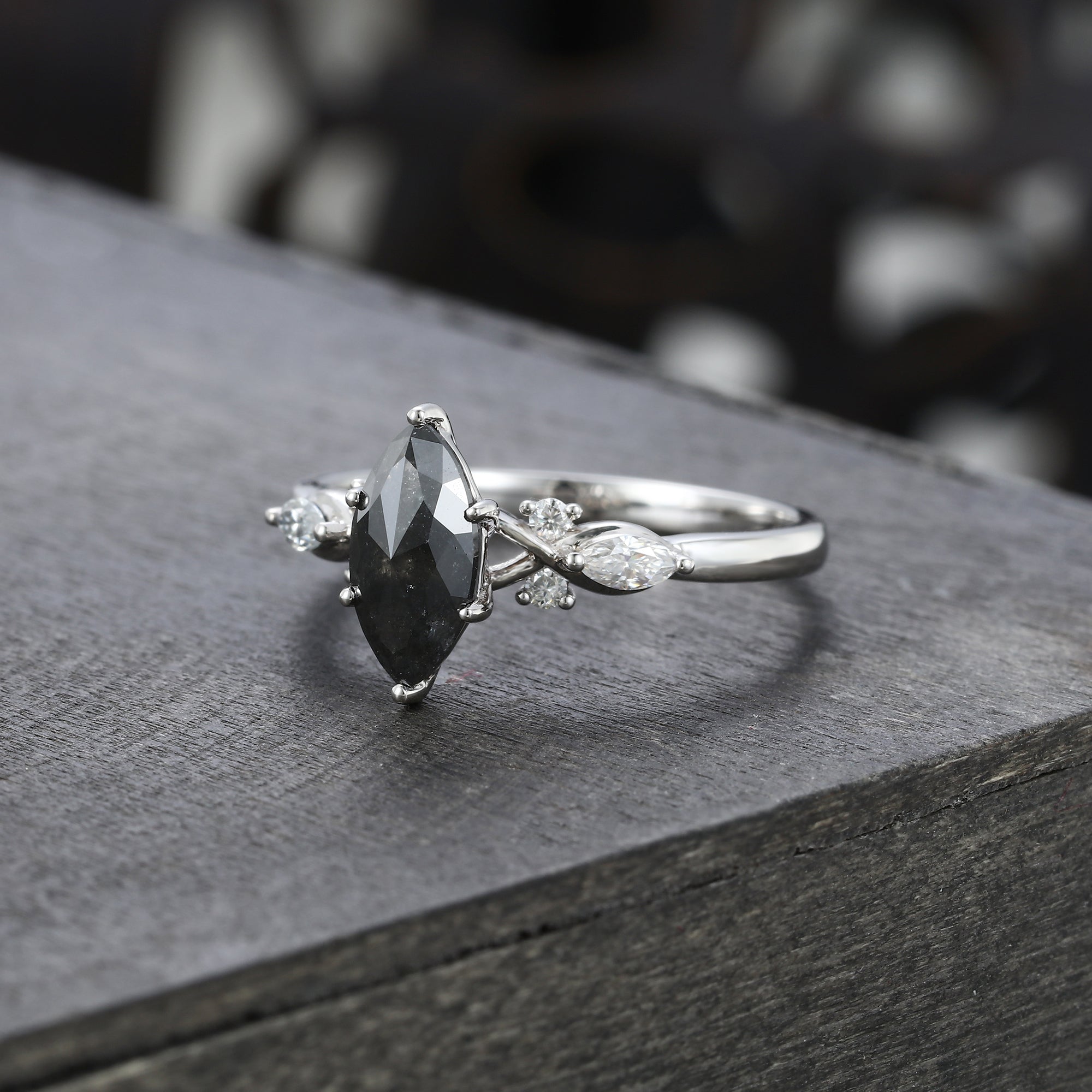 Marquise Cut Salt & Pepper Diamond Art Deco Engagement Ring