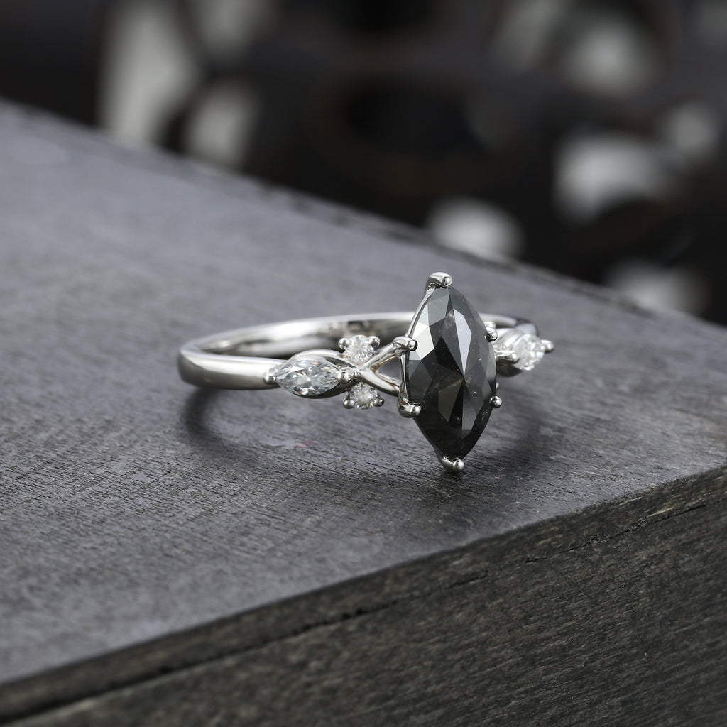 Marquise Cut Salt & Pepper Diamond Art Deco Engagement Ring