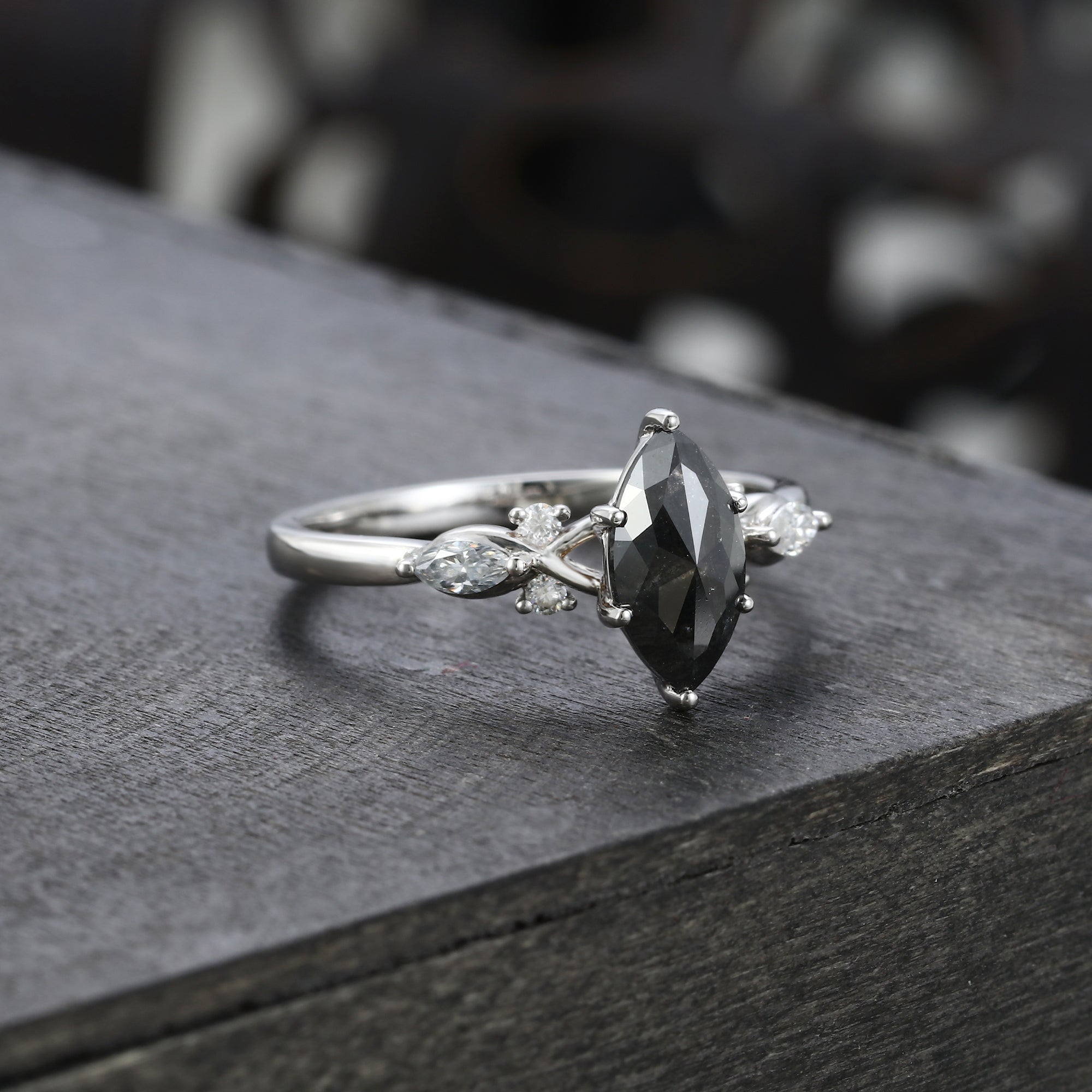 Marquise Cut Salt & Pepper Diamond Art Deco Engagement Ring