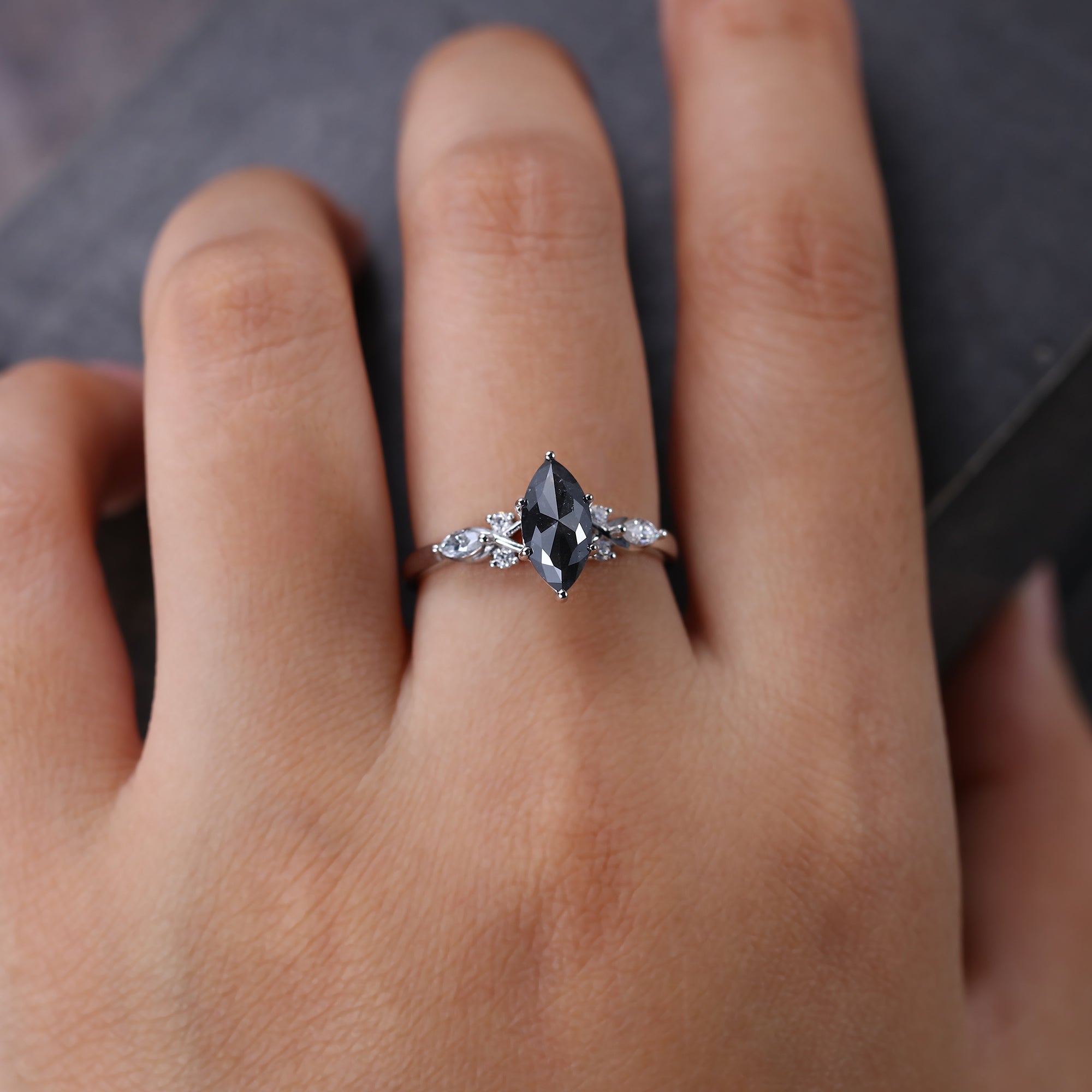 Marquise Cut Salt & Pepper Diamond Art Deco Engagement Ring