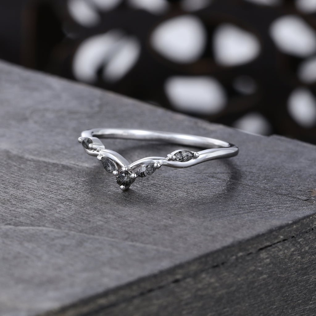 Marquise & Round Black Rutilated Quartz Seagull Arc Curved Wedding Ring