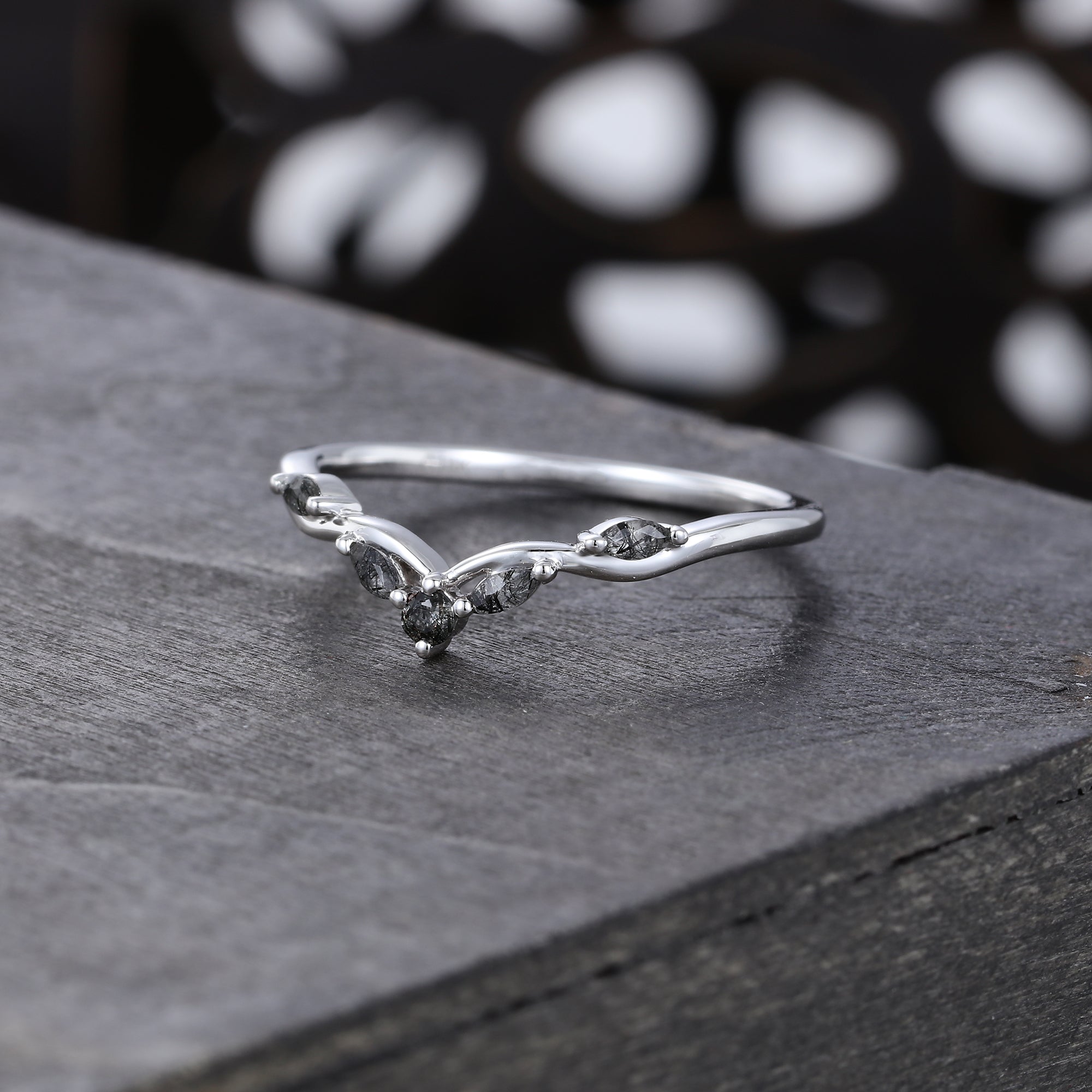 Marquise & Round Black Rutilated Quartz Seagull Arc Curved Wedding Ring