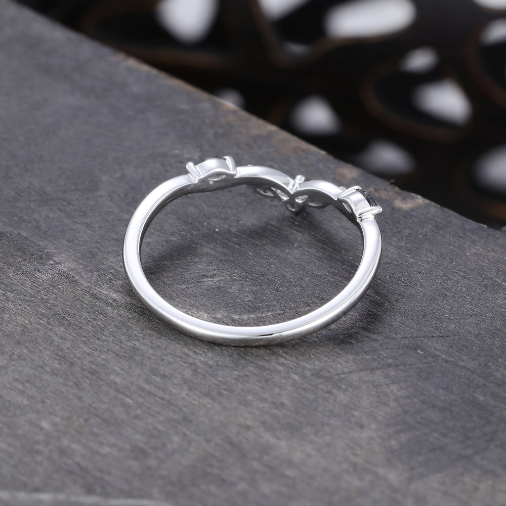 Marquise & Round Black Rutilated Quartz Seagull Arc Curved Wedding Ring