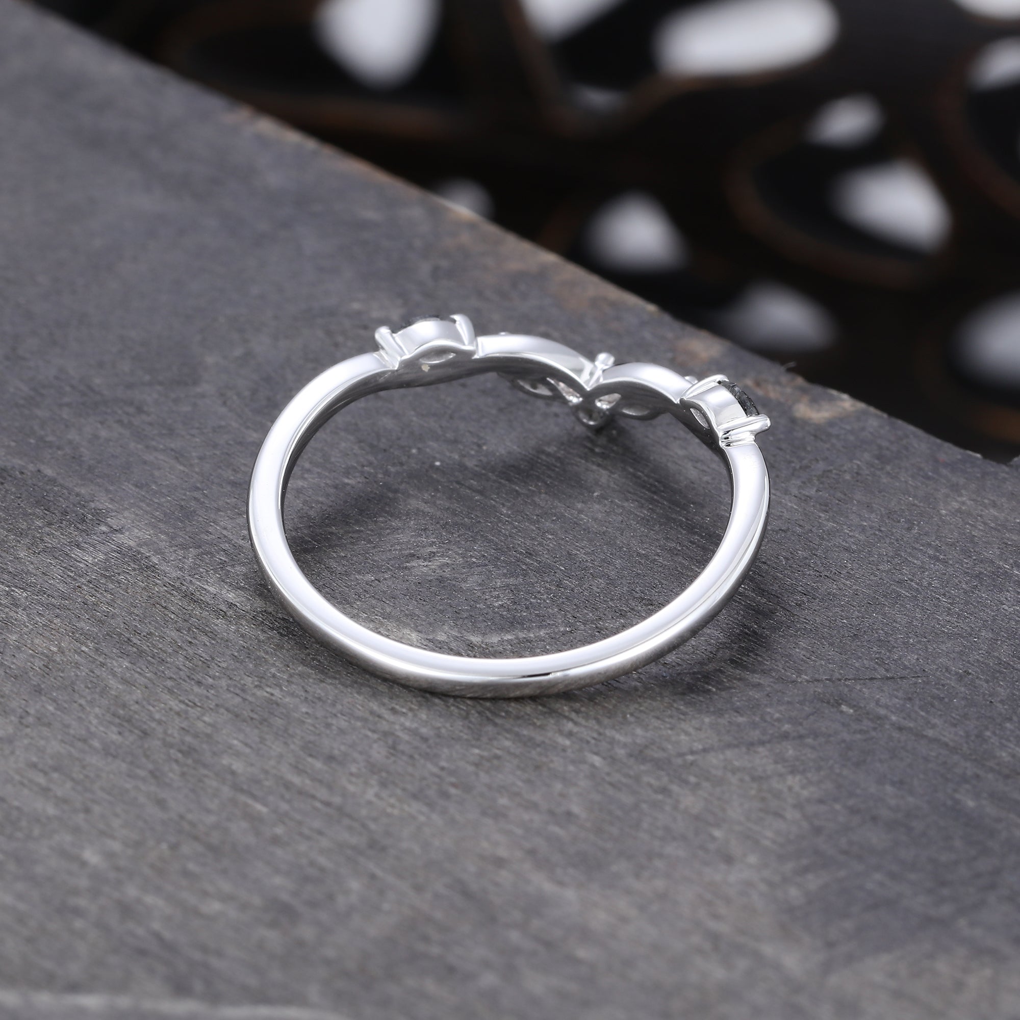Marquise & Round Black Rutilated Quartz Seagull Arc Curved Wedding Ring
