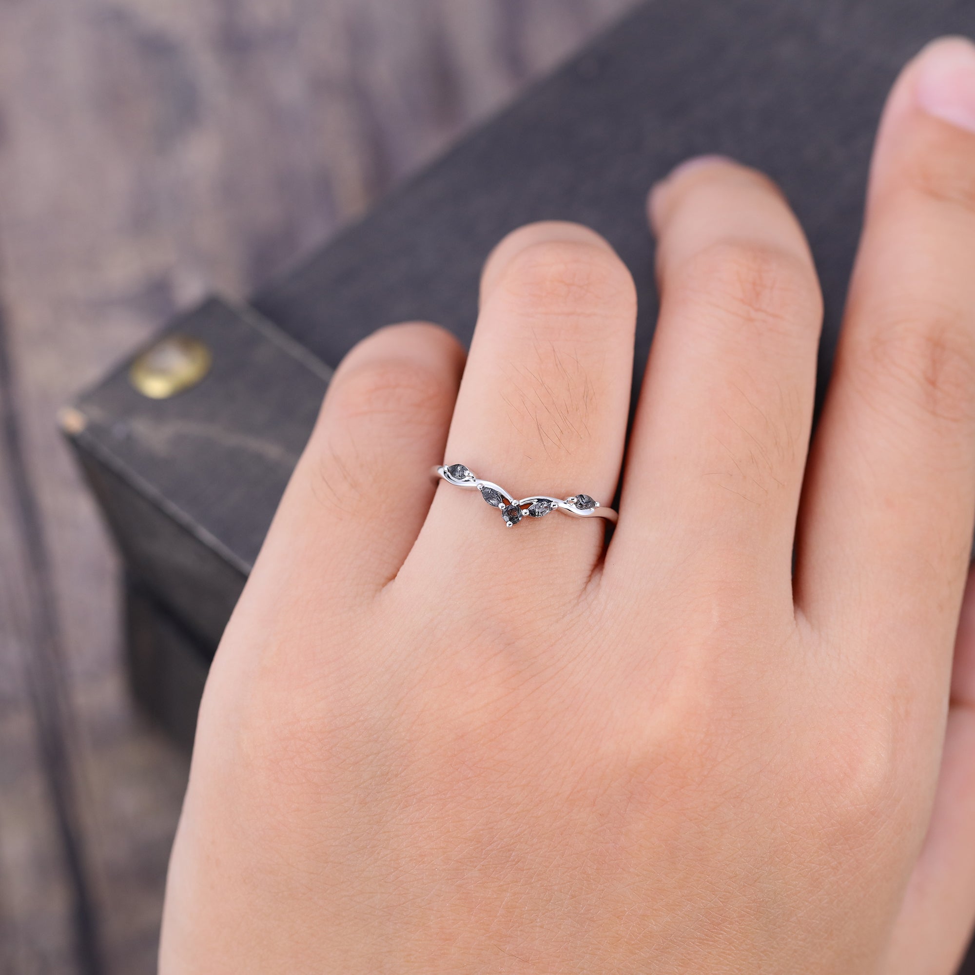 Marquise & Round Black Rutilated Quartz Seagull Arc Curved Wedding Ring
