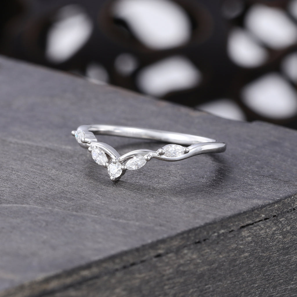 Marquise & Round Cut MoissaniteSeagull Arc Curved Wedding Band