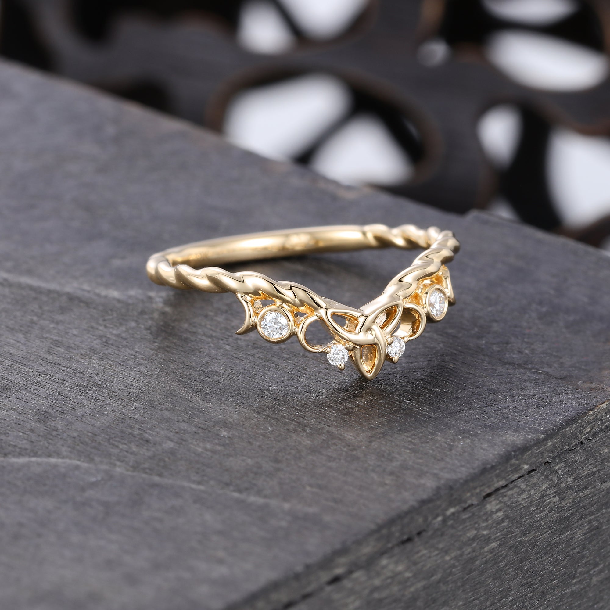 Moissanite Curved Wedding Ring with Celtic Knot Design