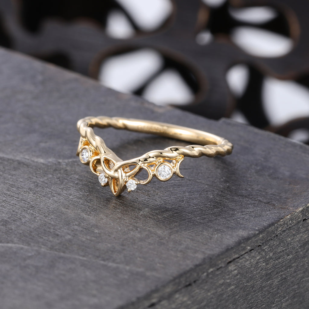 Moissanite Curved Wedding Ring with Celtic Knot Design