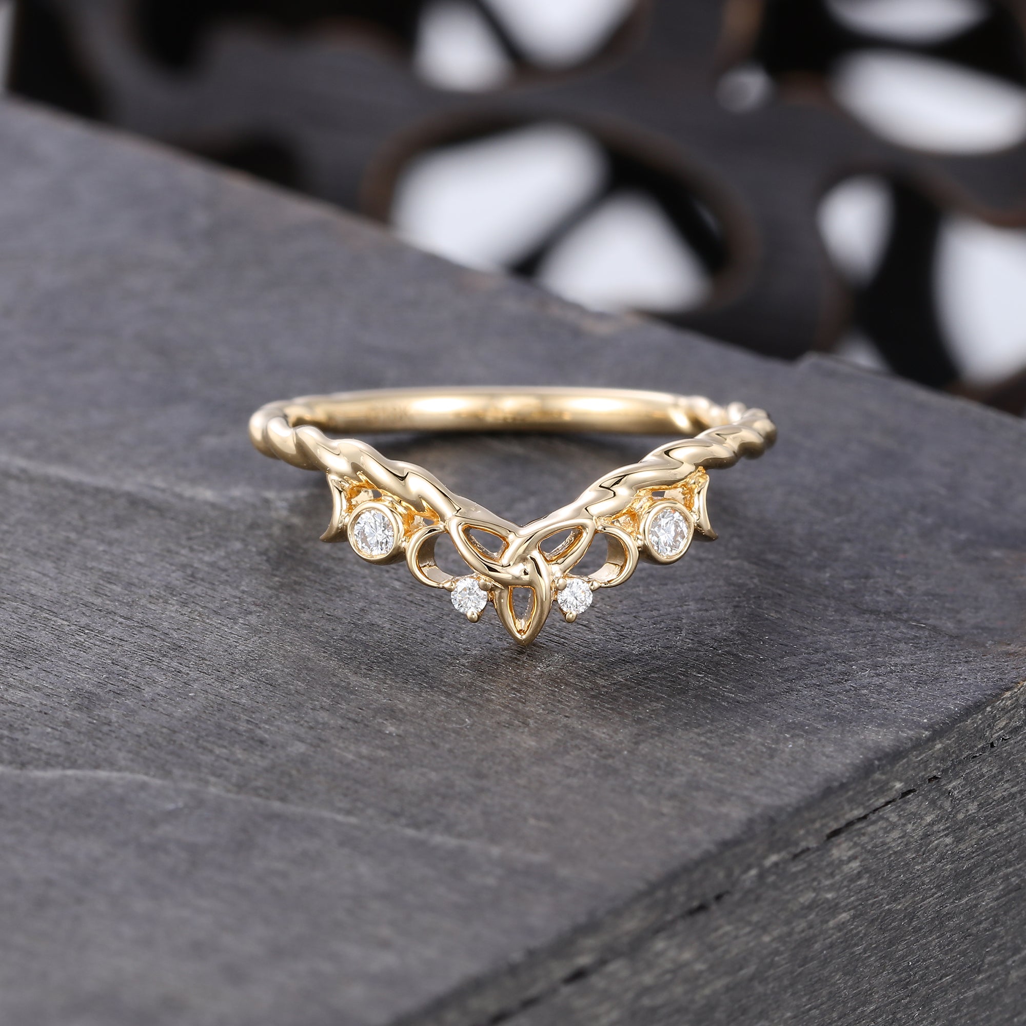Moissanite Curved Wedding Ring with Celtic Knot Design