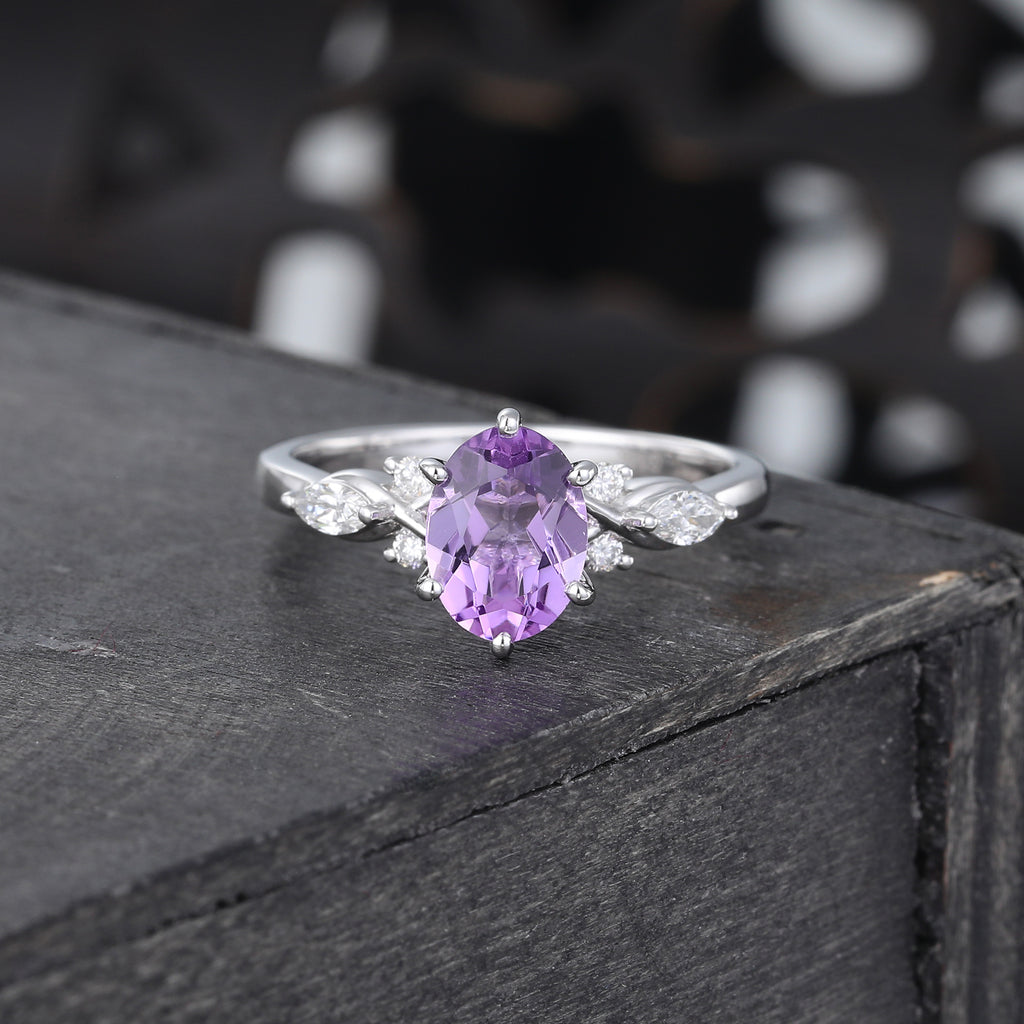 Oval Cut Amethyst Engagement Ring Mossanite Accented Promise Ring