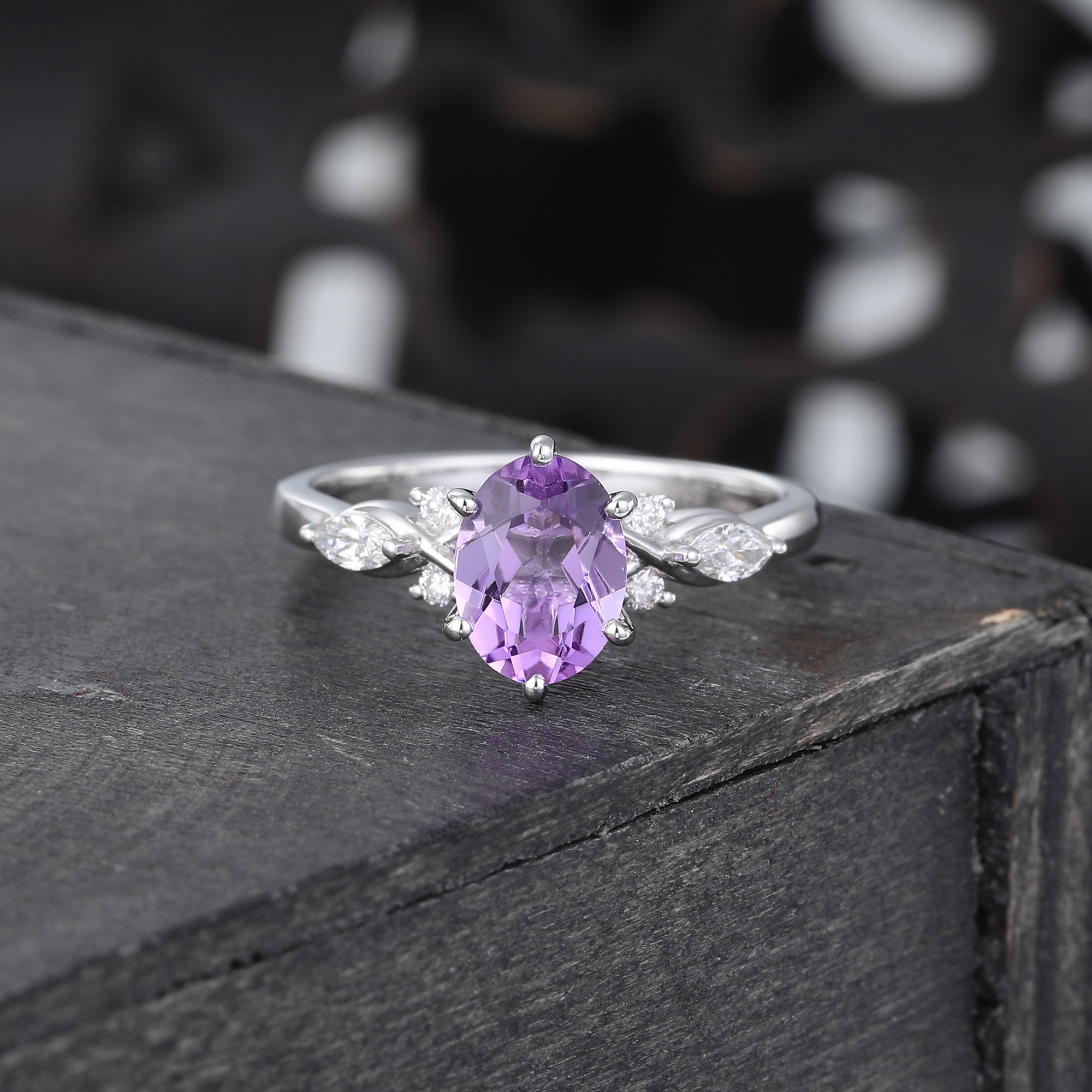 Oval Cut Amethyst Engagement Ring Mossanite Accented Promise Ring