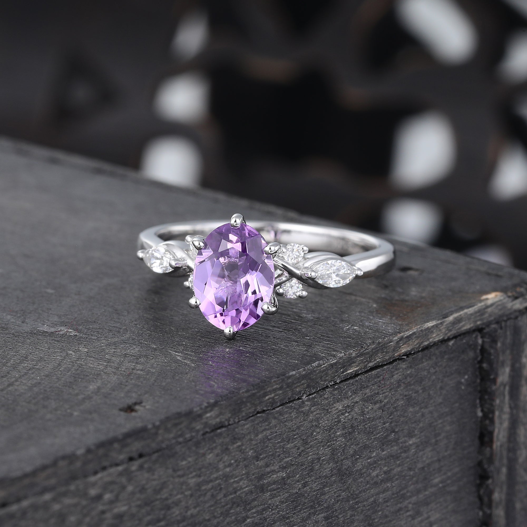 Oval Cut Amethyst Engagement Ring Mossanite Accented Promise Ring