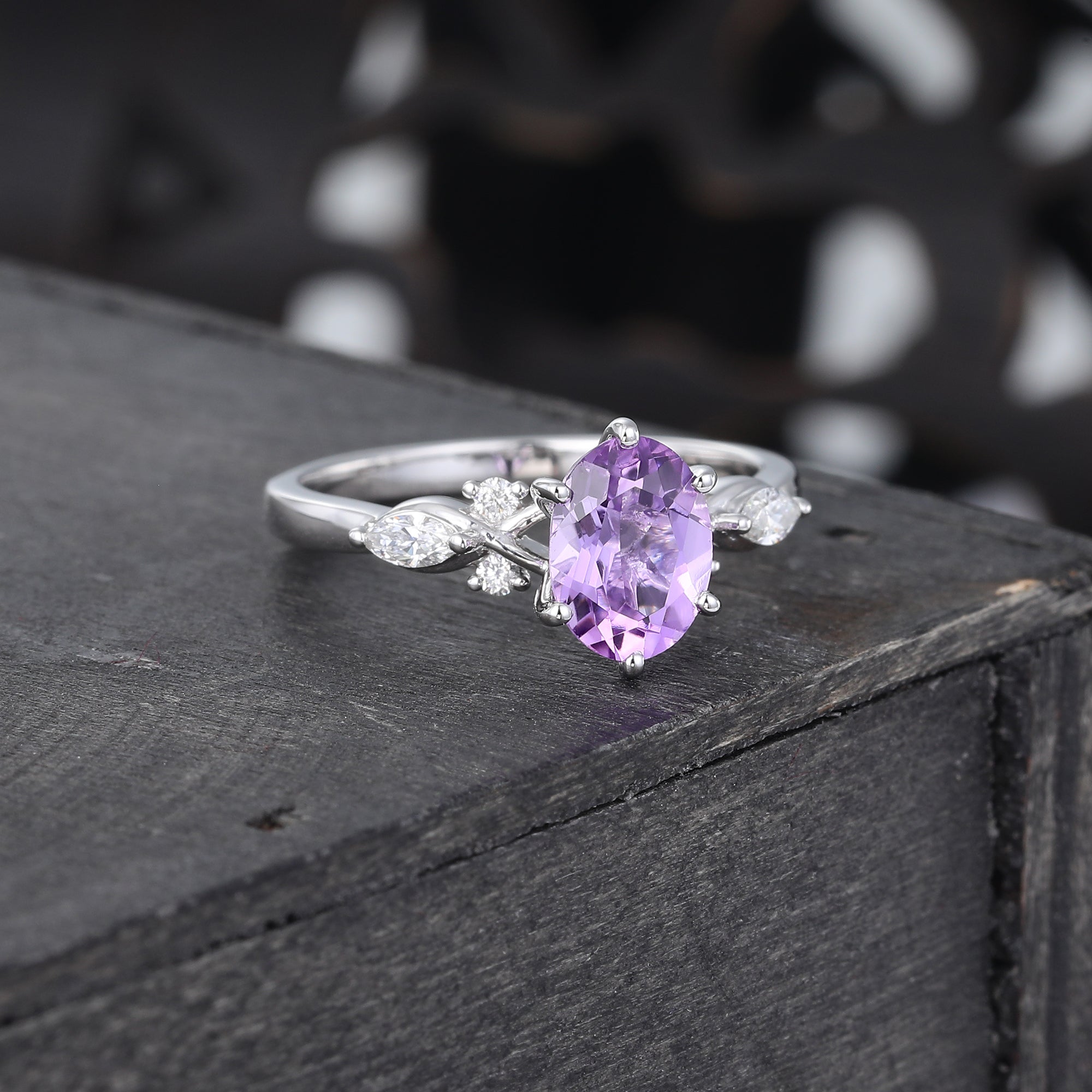 Oval Cut Amethyst Engagement Ring Mossanite Accented Promise Ring