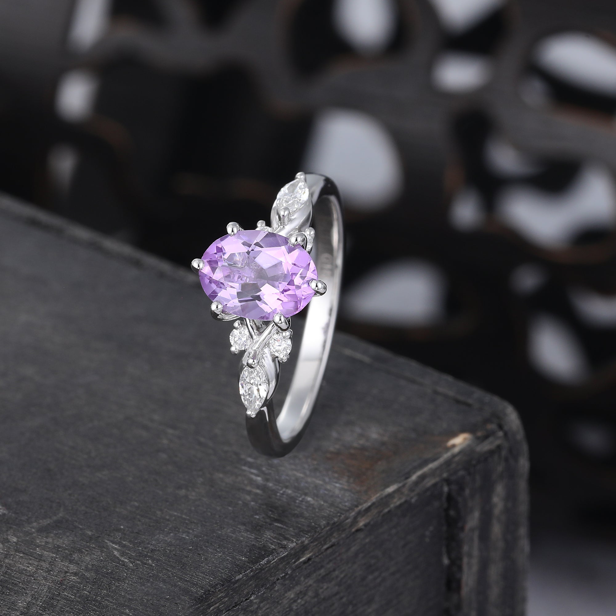 Oval Cut Amethyst Engagement Ring Mossanite Accented Promise Ring