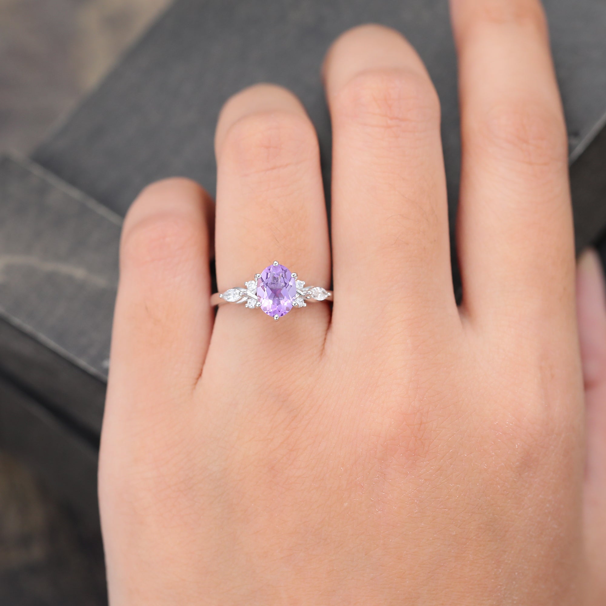 Oval Cut Amethyst Engagement Ring Mossanite Accented Promise Ring