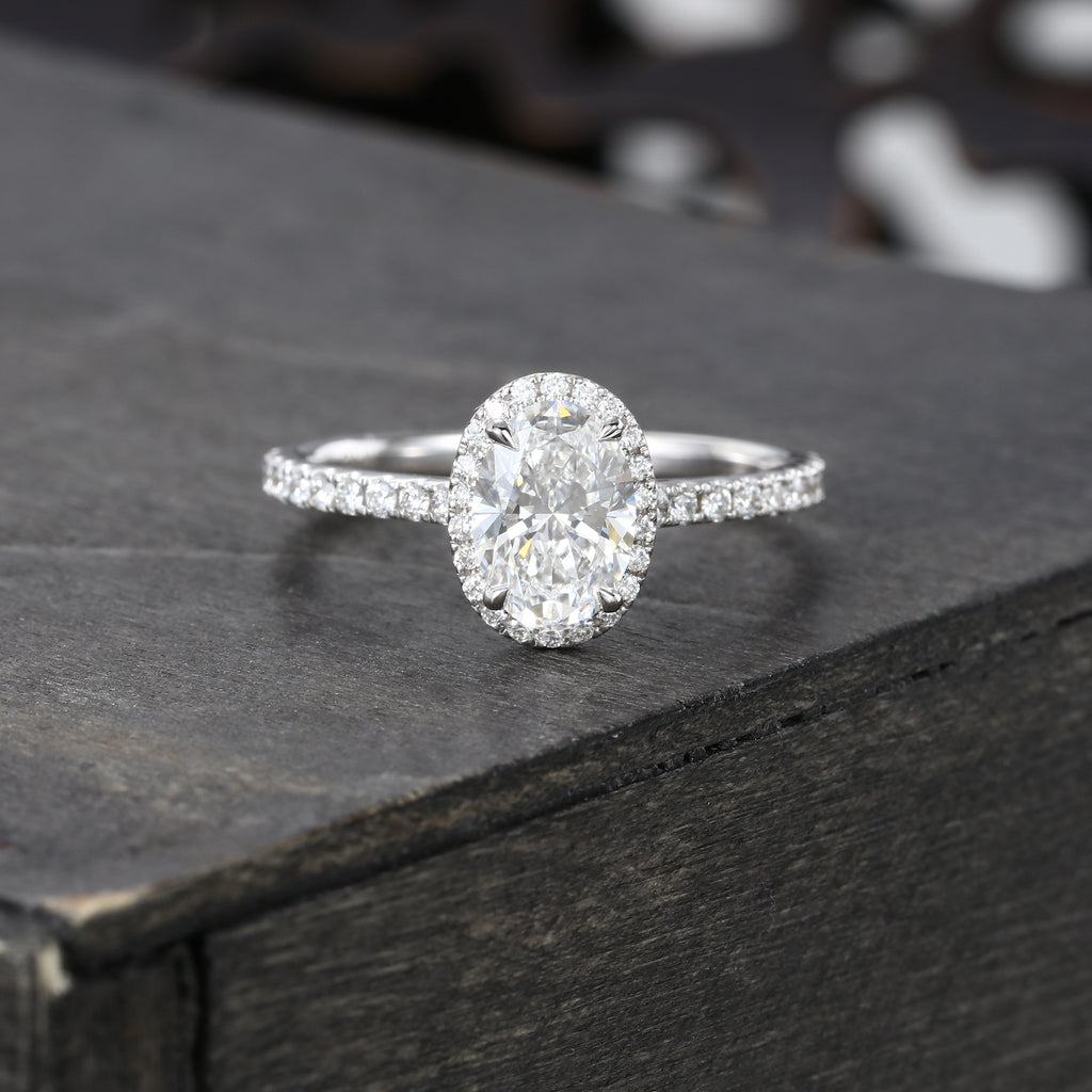 Oval Cut Diamond Halo Engagement Ring Half Eternity Pavé Setting Ring
