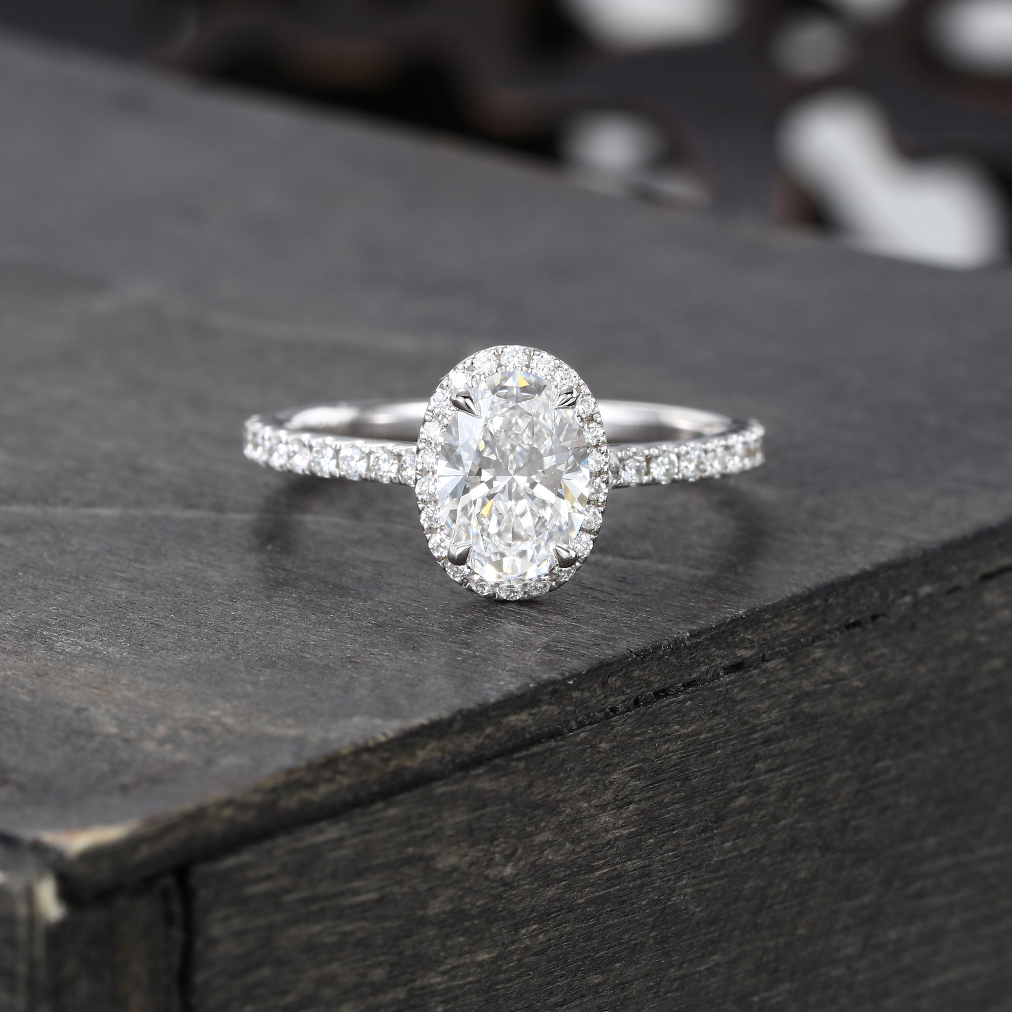 Oval Cut Diamond Halo Engagement Ring Half Eternity Pavé Setting Ring