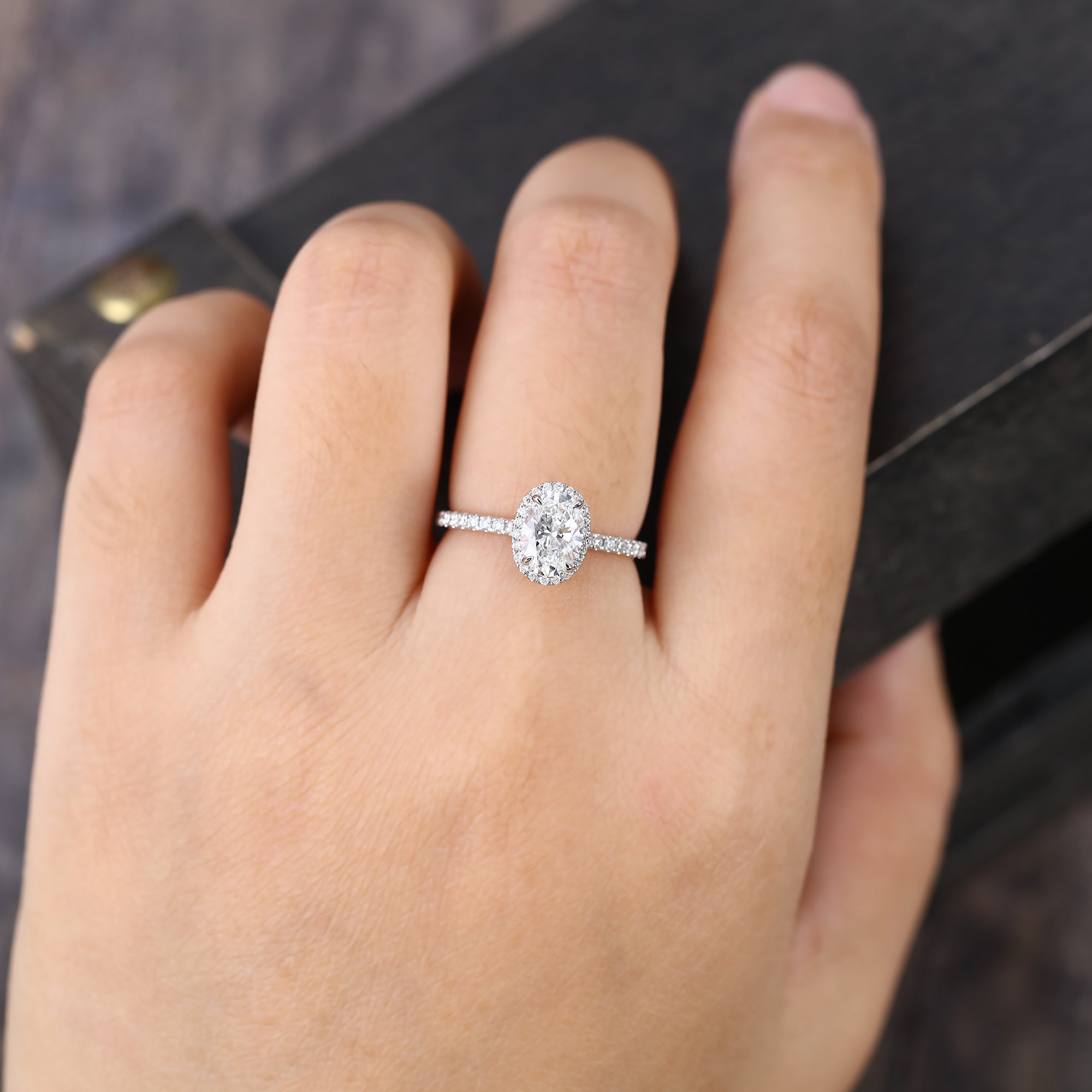 Oval Cut Diamond Halo Engagement Ring Half Eternity Pavé Setting Ring