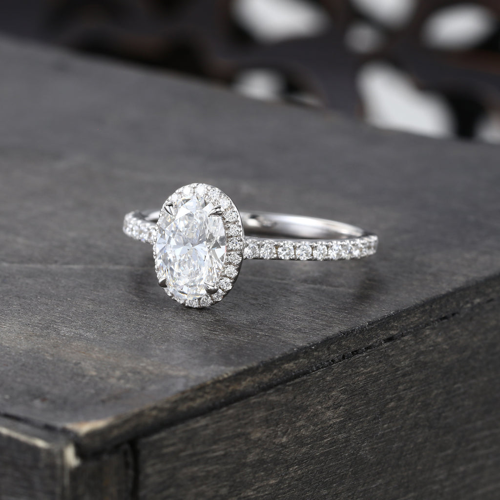 Oval Cut Diamond Halo Engagement Ring Half Eternity Pavé Setting Ring