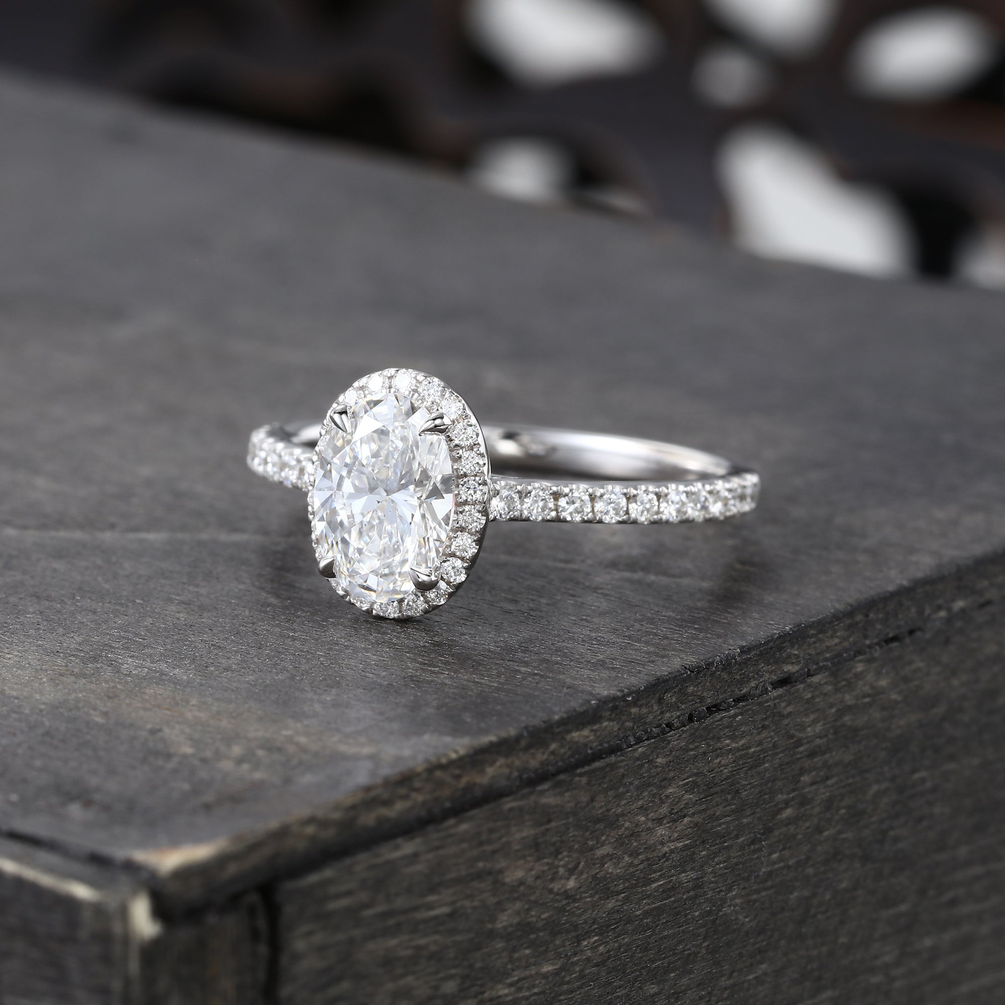 Oval Cut Diamond Halo Engagement Ring Half Eternity Pavé Setting Ring
