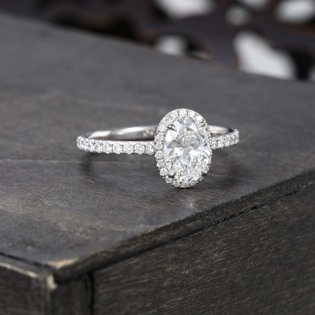 Oval Cut Diamond Halo Engagement Ring Half Eternity Pavé Setting Ring