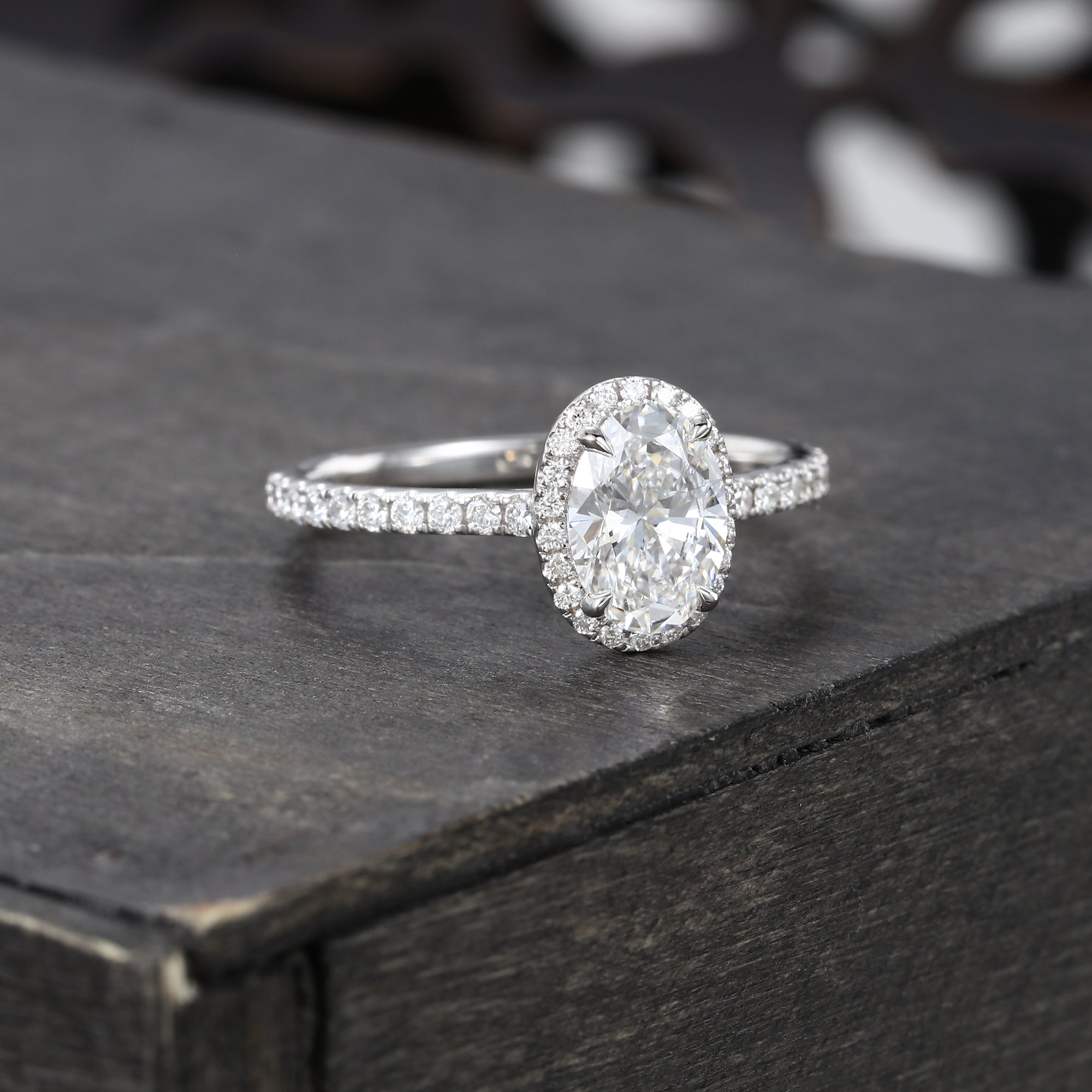 Oval Cut Diamond Halo Engagement Ring Half Eternity Pavé Setting Ring