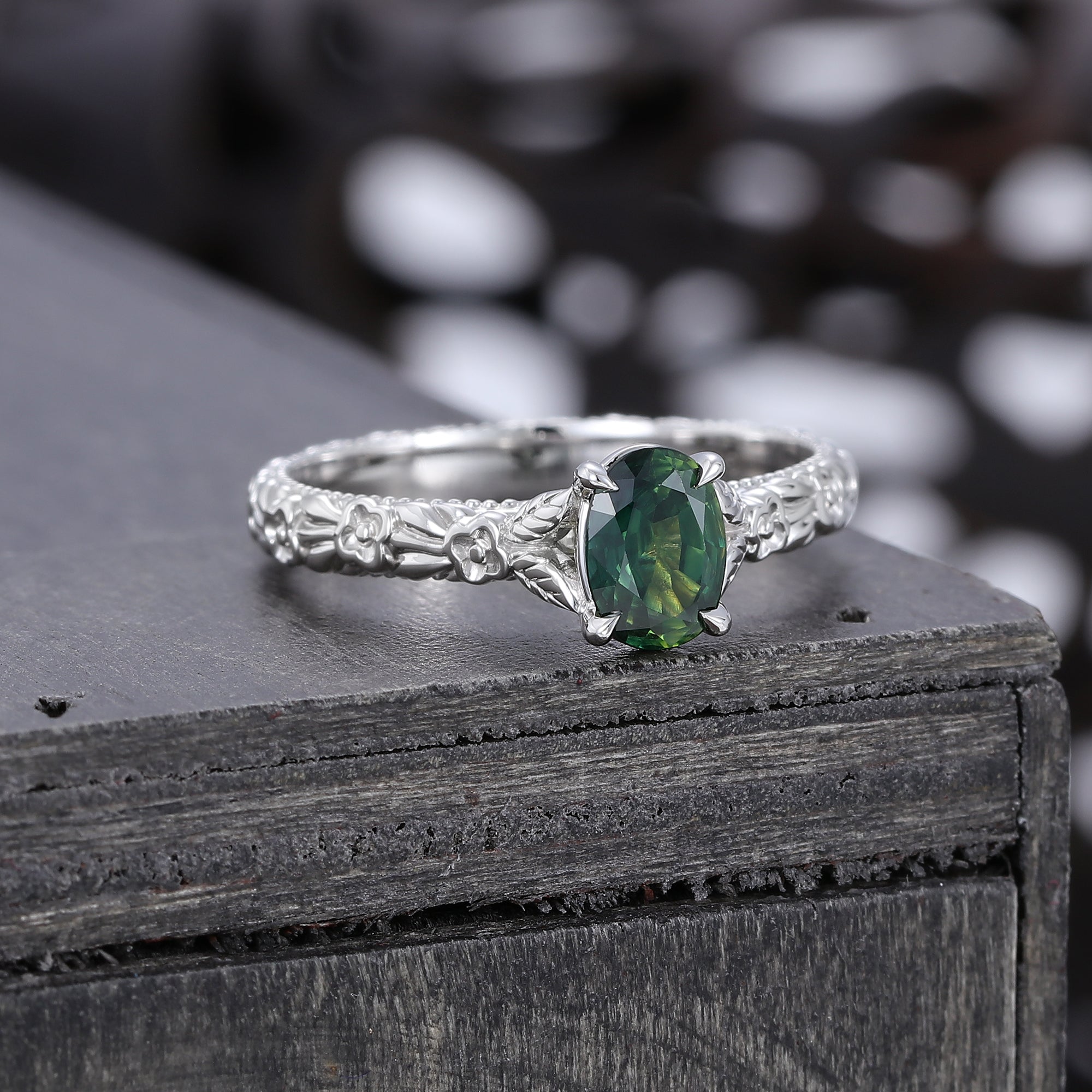 Oval Cut Green Blue Sapphire Solitaire Engagement Ring with Floral Band