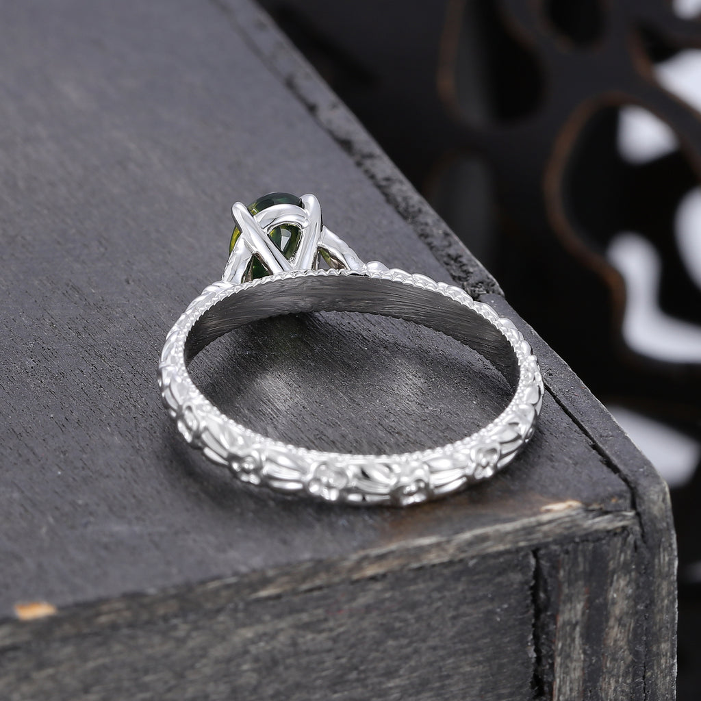Oval Cut Green Blue Sapphire Solitaire Engagement Ring with Floral Band