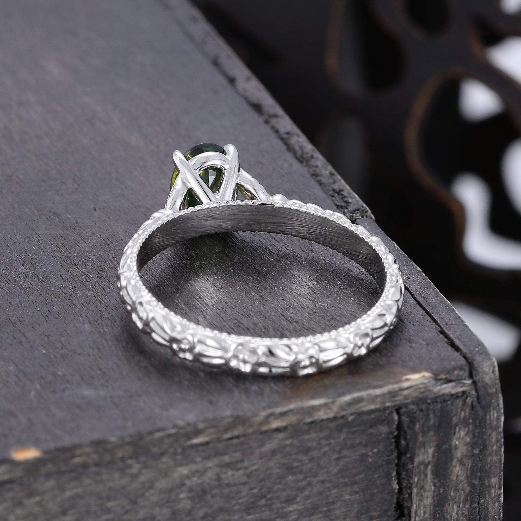 Oval Cut Green Blue Sapphire Solitaire Engagement Ring with Floral Band