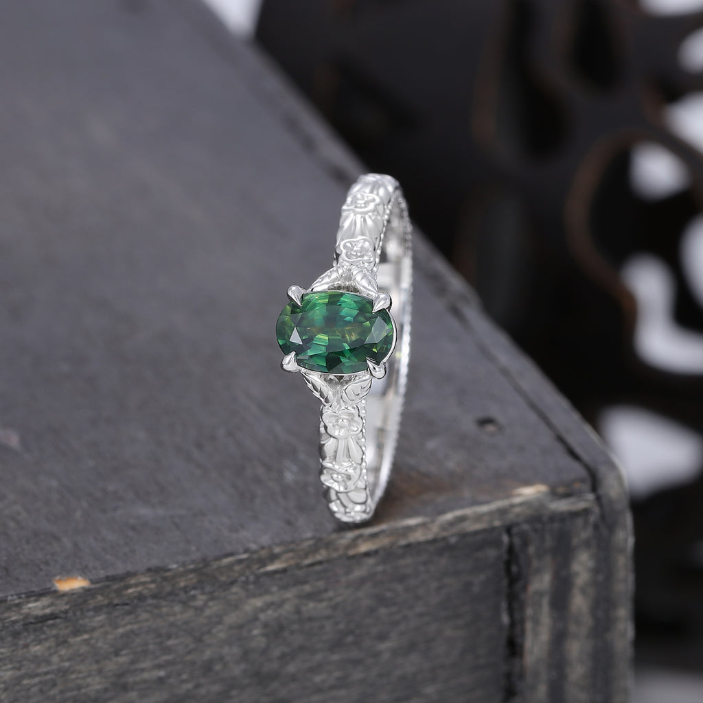 Oval Cut Green Blue Sapphire Solitaire Engagement Ring with Floral Band