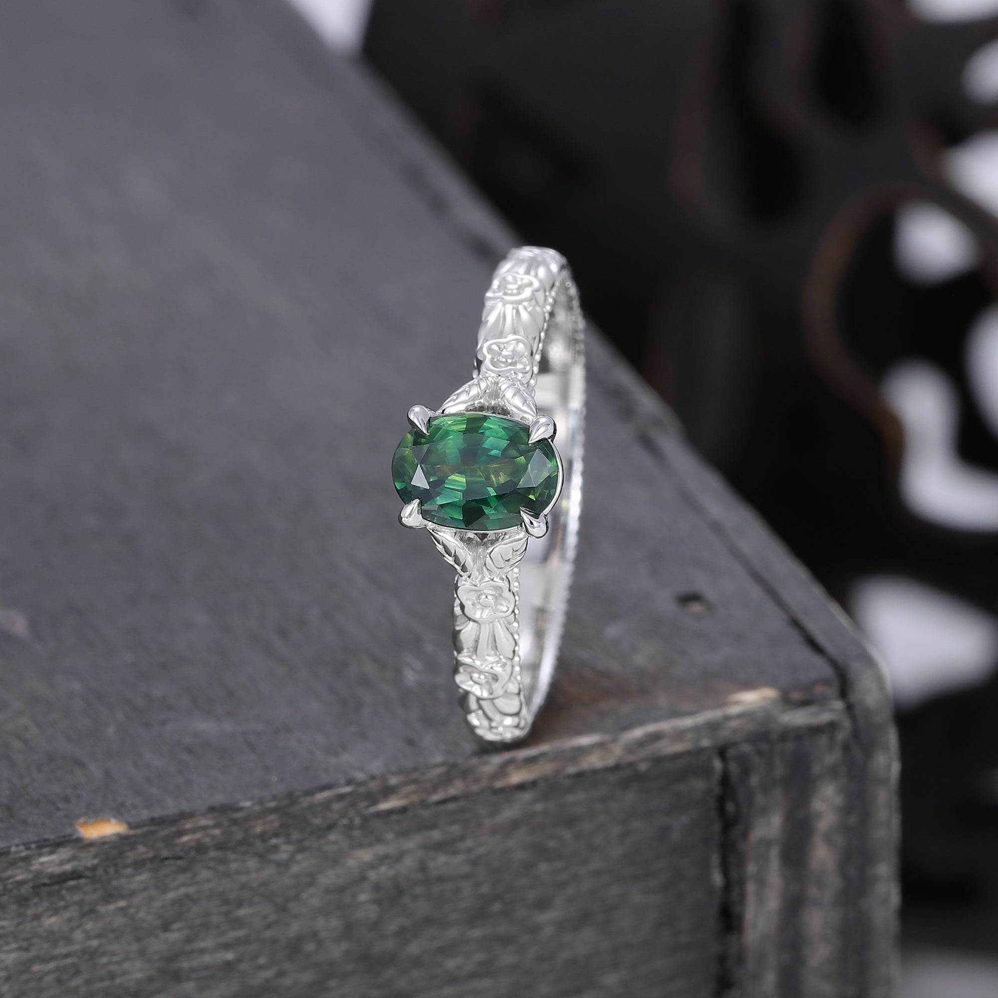 Oval Cut Green Blue Sapphire Solitaire Engagement Ring with Floral Band
