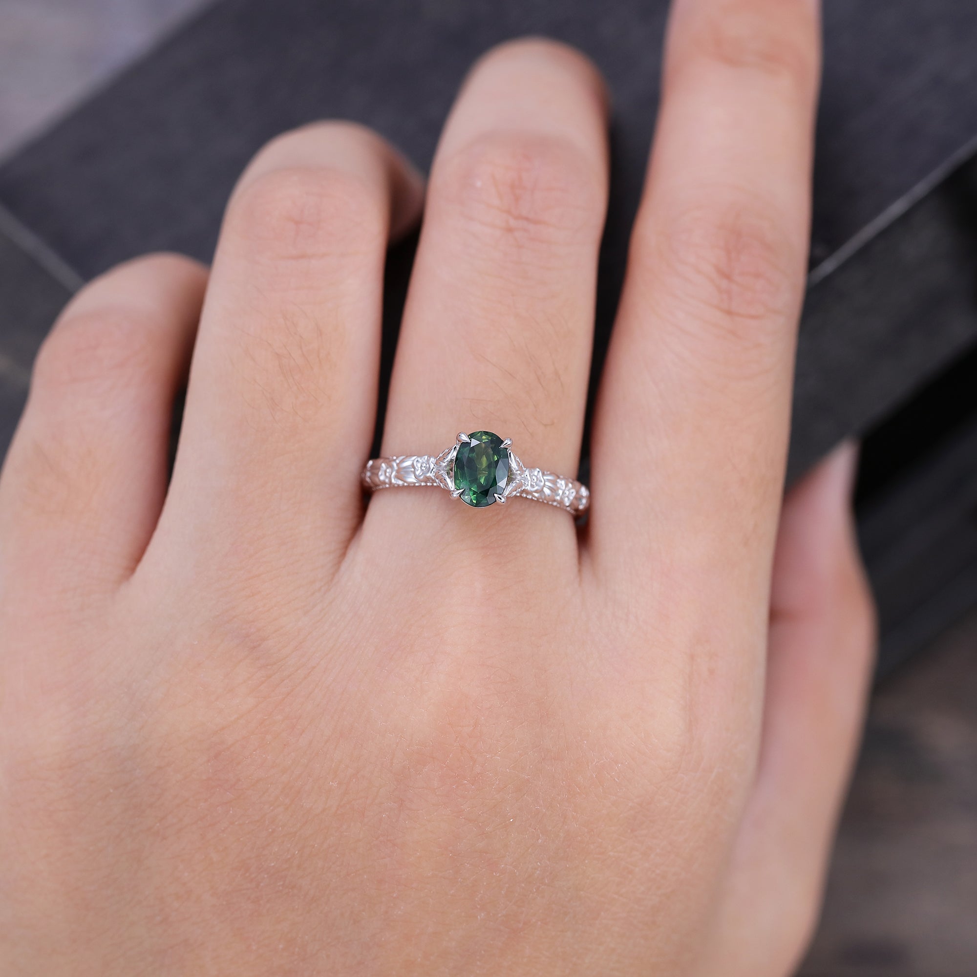 Oval Cut Green Blue Sapphire Solitaire Engagement Ring with Floral Band