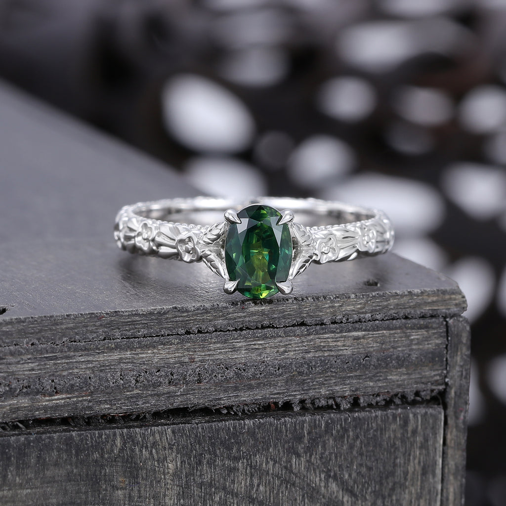 Oval Cut Green Blue Sapphire Solitaire Engagement Ring with Floral Band