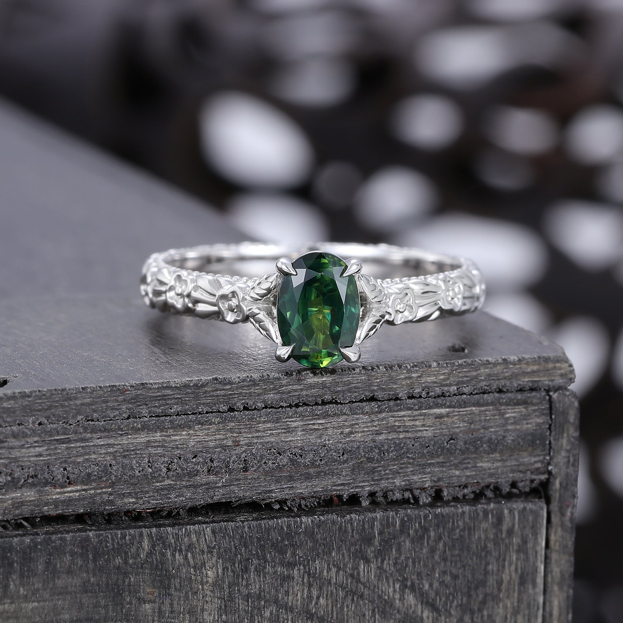 Oval Cut Green Blue Sapphire Solitaire Engagement Ring with Floral Band