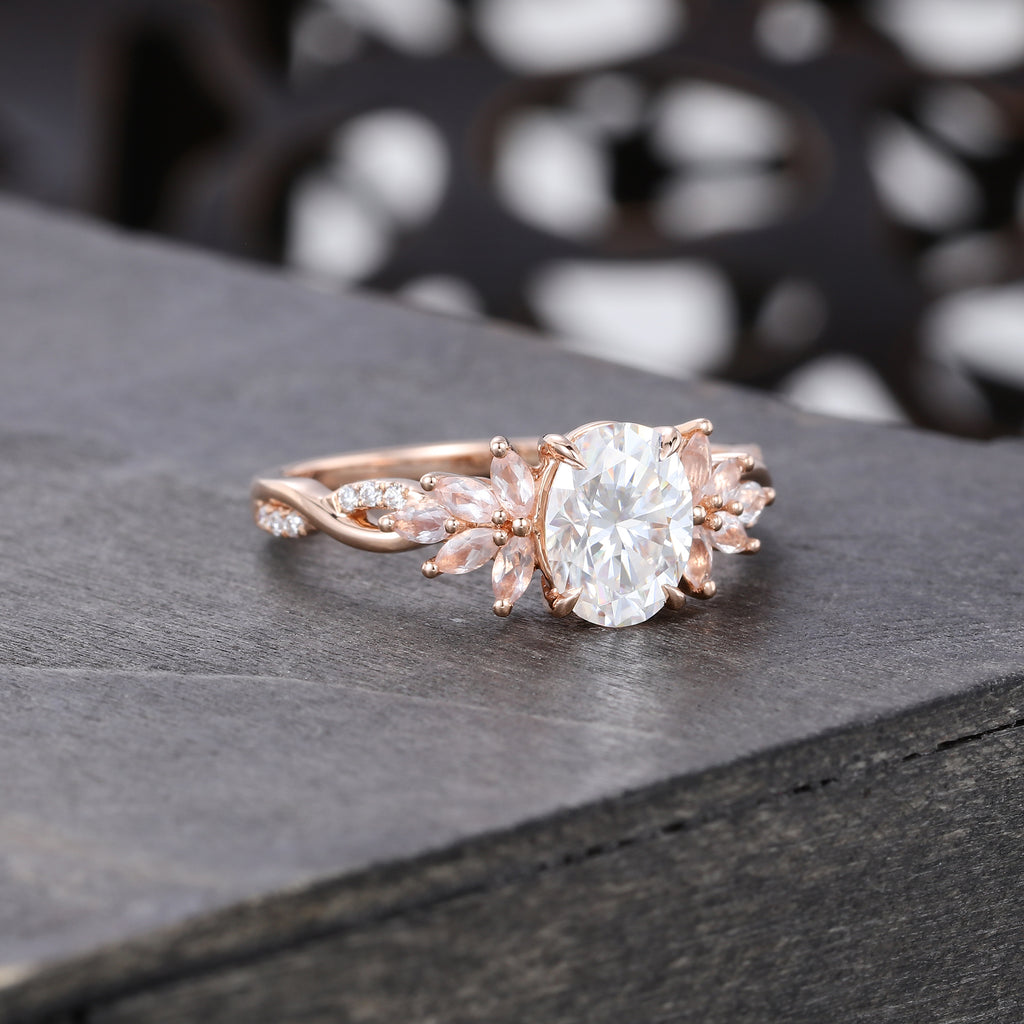 Oval Cut Moissanite Engagement Ring With Unique Crossover Shank and Morganite PetalCluster