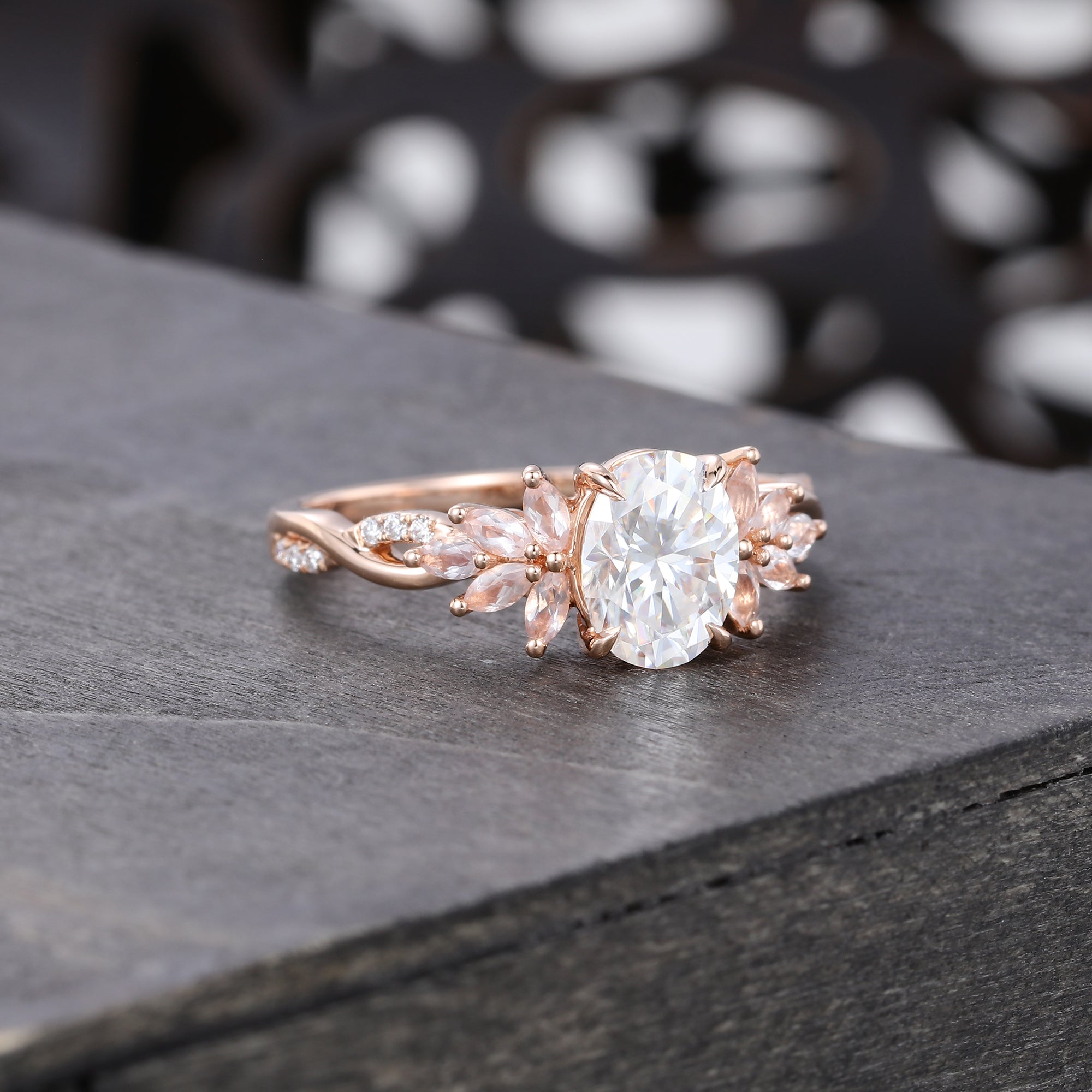 Oval Cut Moissanite Engagement Ring With Unique Crossover Shank and Morganite PetalCluster