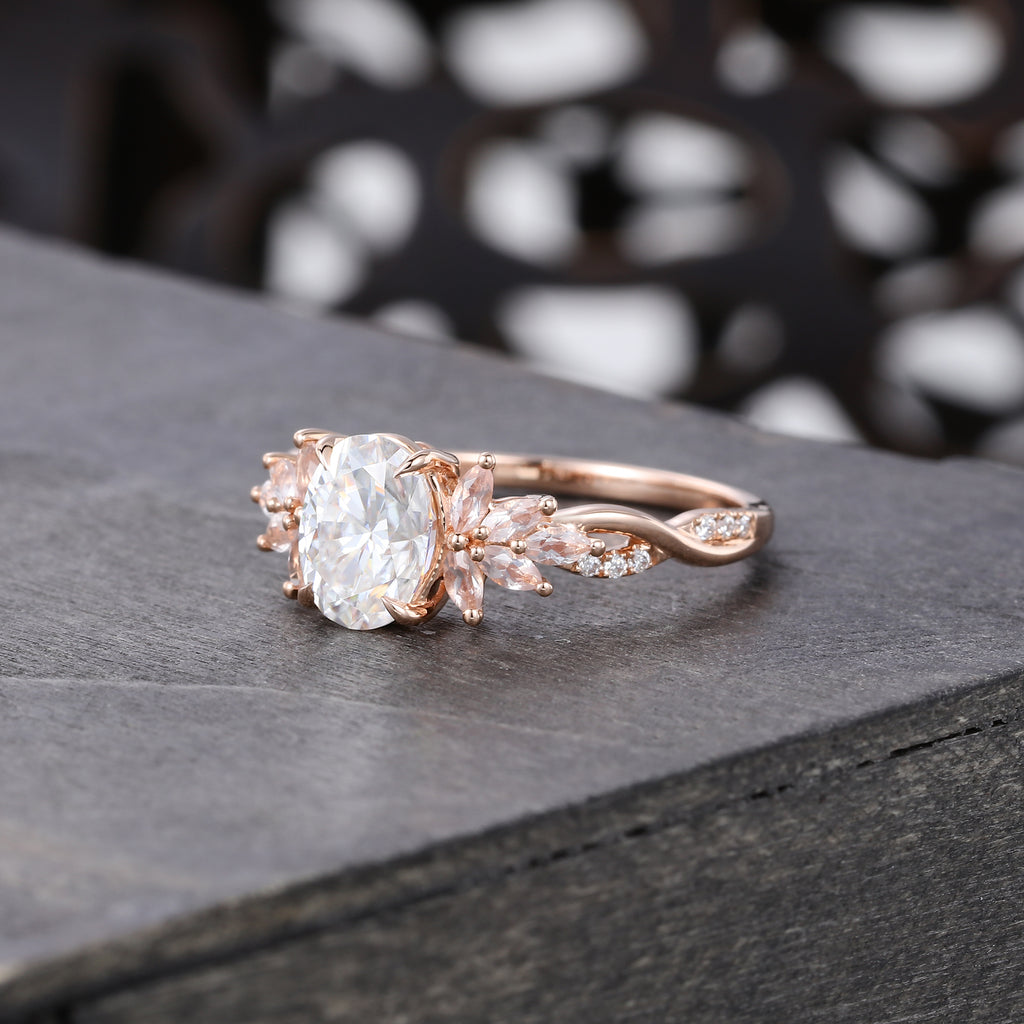 Oval Cut Moissanite Engagement Ring With Unique Crossover Shank and Morganite PetalCluster