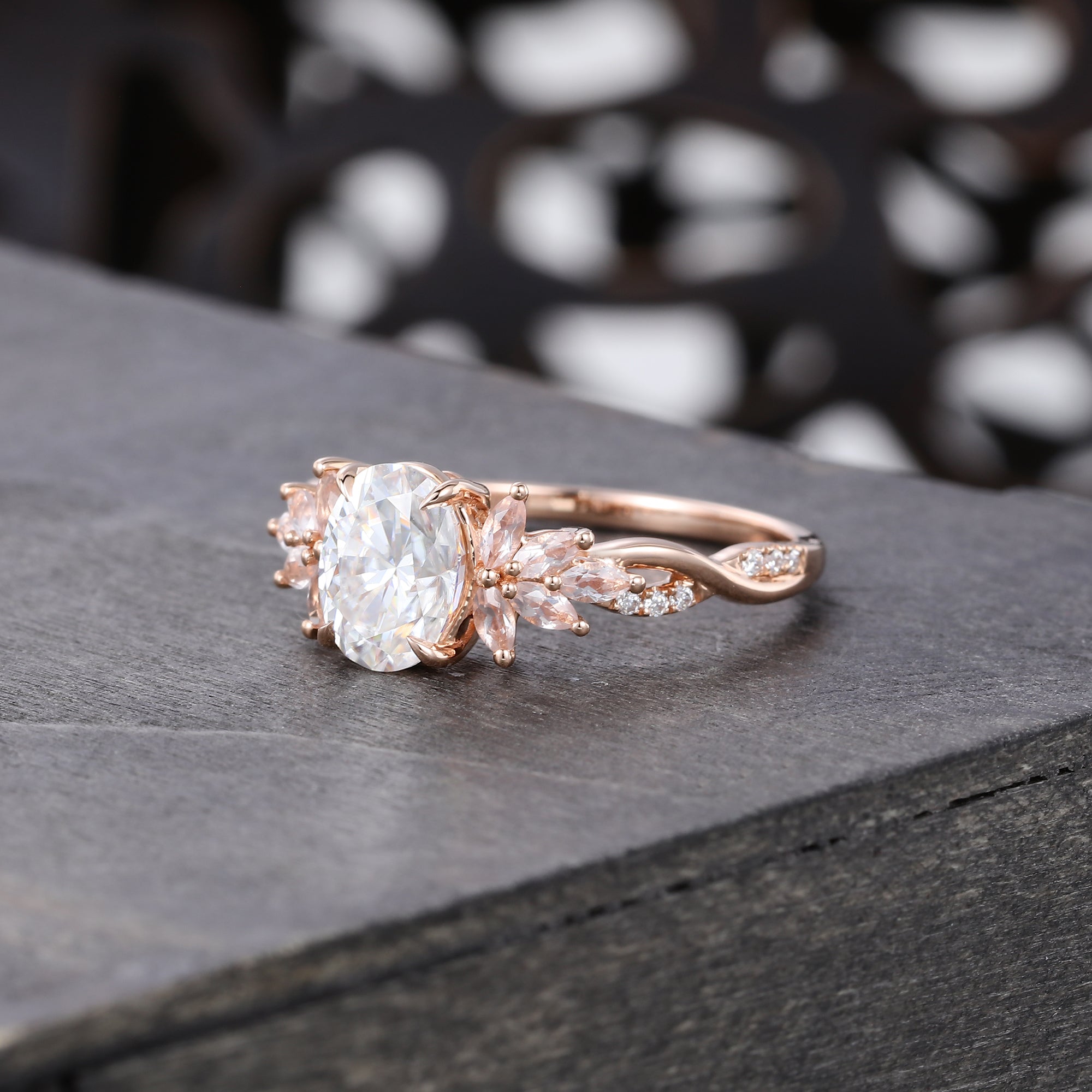 Oval Cut Moissanite Engagement Ring With Unique Crossover Shank and Morganite PetalCluster